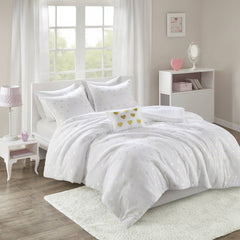 4 PCS Full/Queen Metallic Printed Plush Comforter Set with Throw Pillow White/Gold