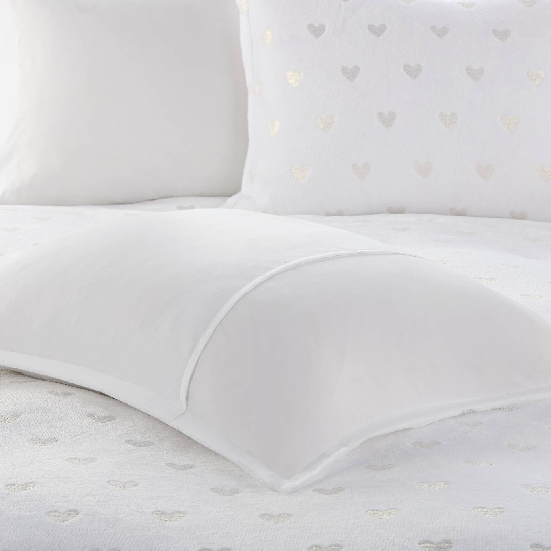 4 PCS Full/Queen Metallic Printed Plush Comforter Set with Throw Pillow White/Gold