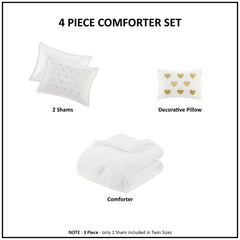 4 PCS Full/Queen Metallic Printed Plush Comforter Set with Throw Pillow White/Gold
