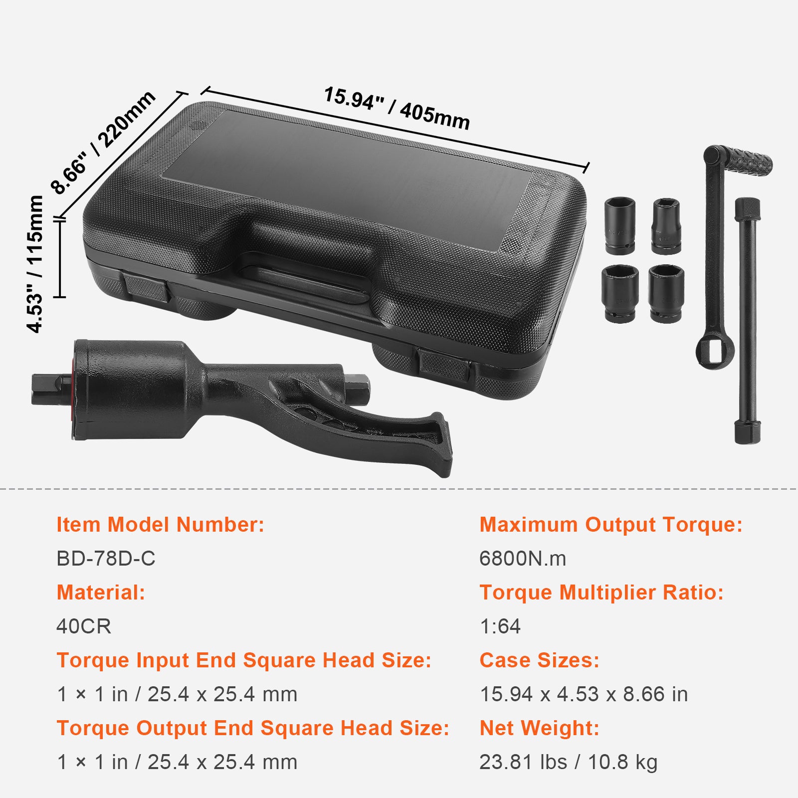 Torque Multiplier, 1 Inch Drive Lug Nut Wrench/Multiplier Heavy Duty Torque Multiplier Wrench Set, 1:64 6,800N.m Lug Nut Remover, Includes 4 Sockets (21-41mm) and Storage Case
