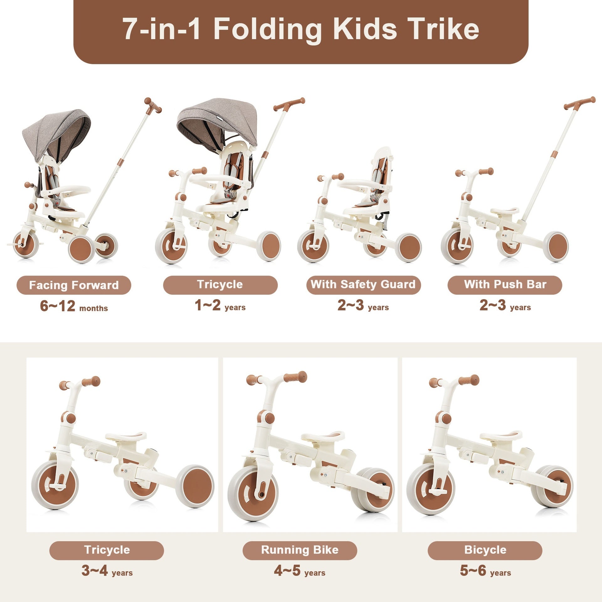 7 in 1 Baby Tricycle, Foldable Toddler Tricycle with Removable and Adjustable Parent Handle, Toddler Push Bike with Removable Pedal, Canopy, and Guardrail, Tricycle for 12-72 Months, ivory and brown
