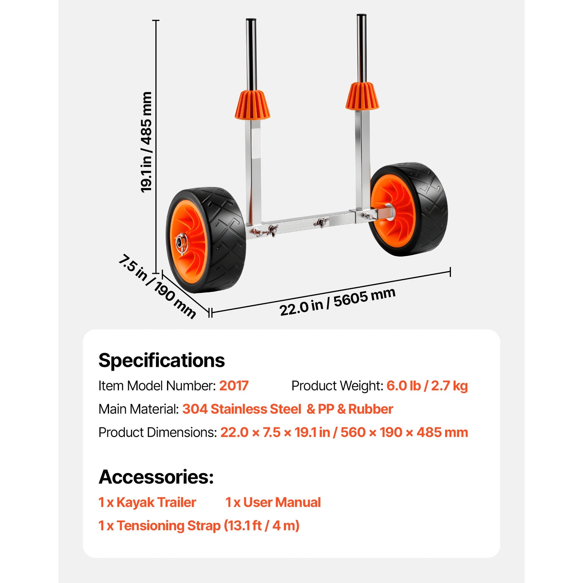 Kayak Cart, 250 lbs Load Capacity, Canoe Cart Dolly with 7.5-inch Solid Rubber Tires & Kickstand, Assembles & Disassembles Within Seconds, Paddle Board Trolley for Kayaks, Canoes, Paddleboards