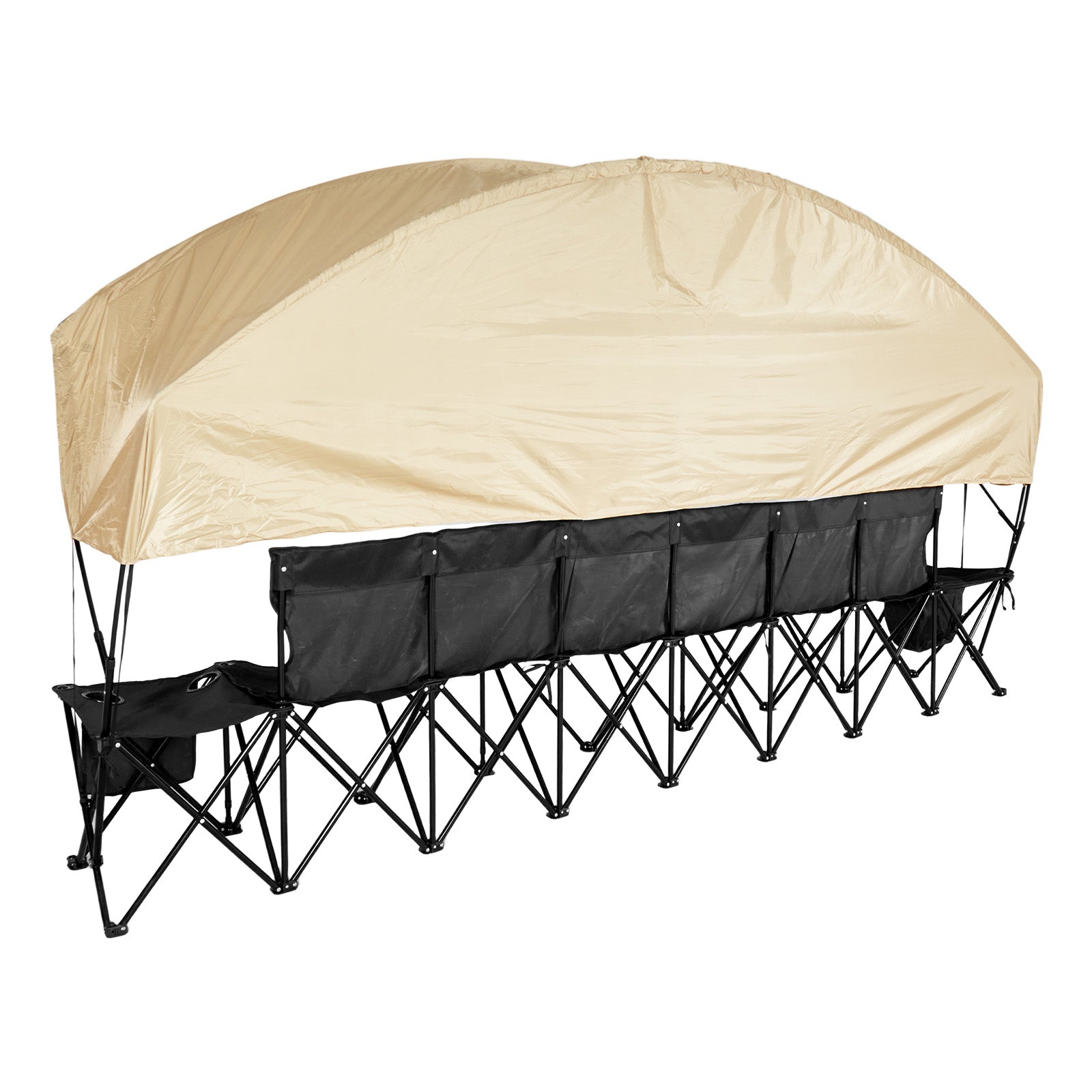 Portable Folding Bench, 6 Seat Soccer Bench with Storage Pockets Cup Holders & Carrying Bag, Lightweight Sideline Seating with Sunshade for Football, Baseball, Camping, Outdoor Events, Black