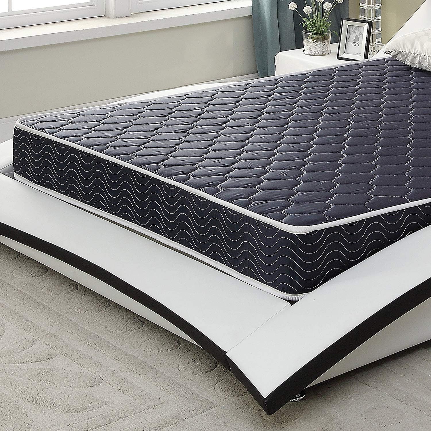 6-inch waterproof high-density foam mattress with navy blue diamond-quilted breathable fabric. Quilting ensures both style and airflow for cool sleep.Twin size.