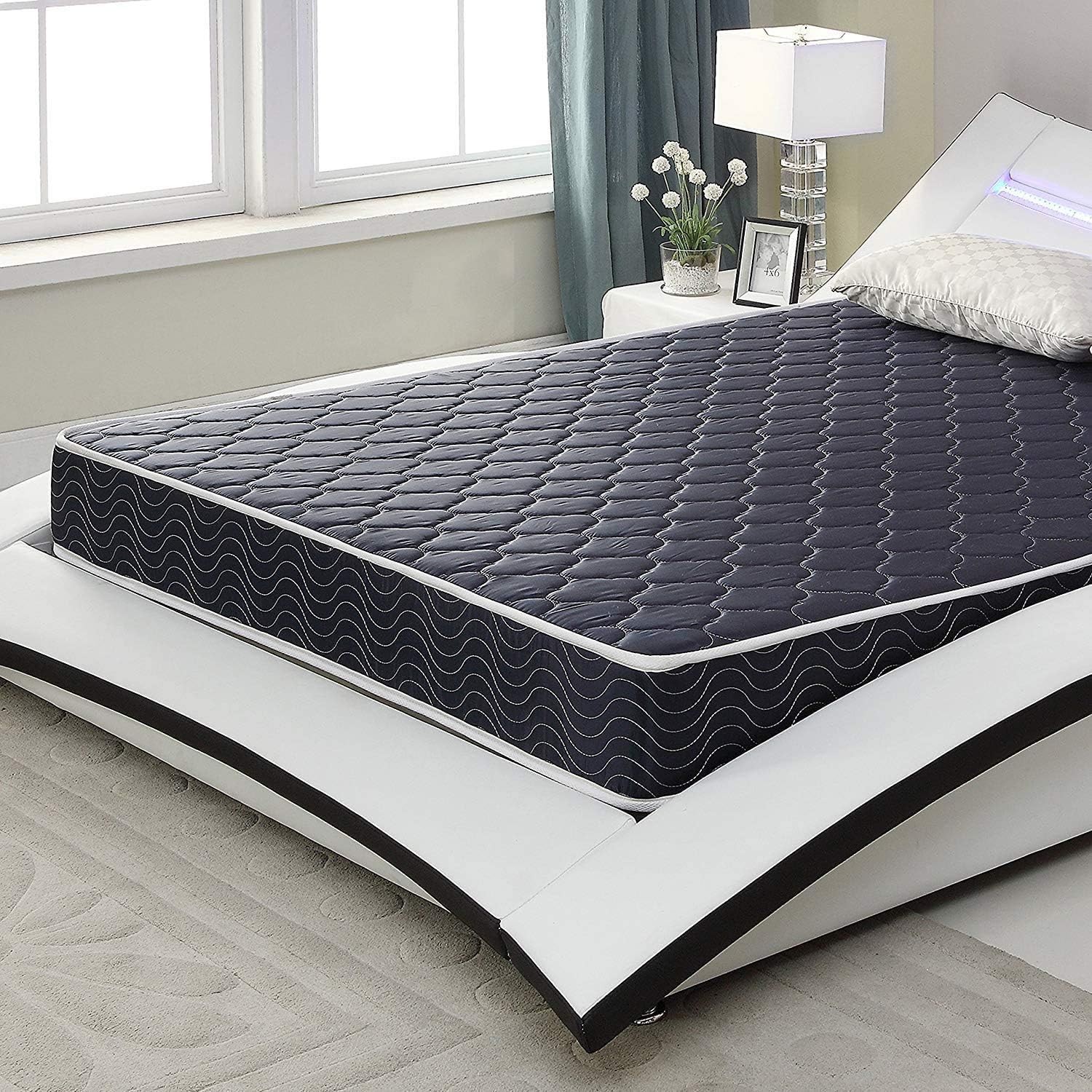 6-inch waterproof high-density foam mattress with navy blue diamond-quilted breathable fabric. Quilting ensures both style and airflow for cool sleep.Twin size.