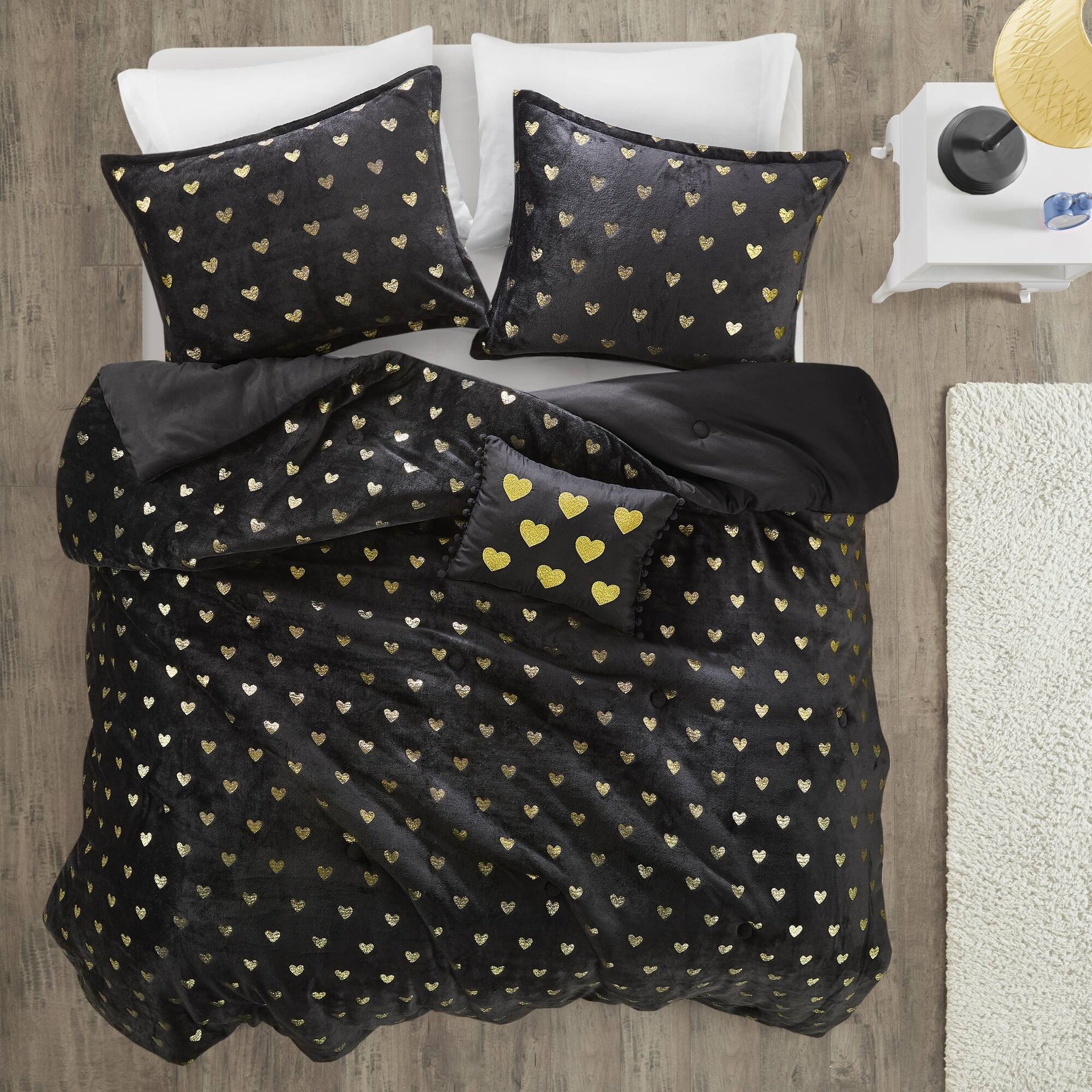4 PCS Full/Queen Metallic Printed Plush Comforter Set with Throw Pillow Black/Gold
