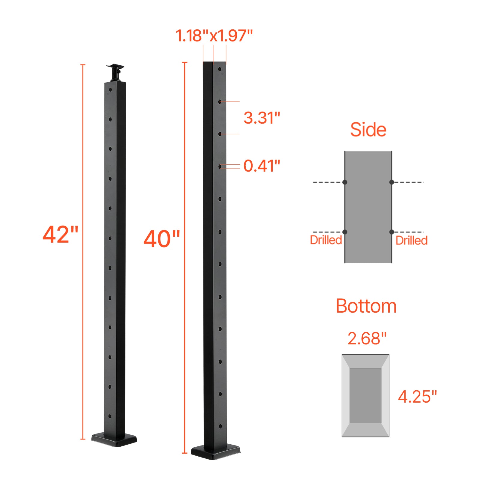 Cable Railing Post, 42x1x2 Inch Level Deck Stair Posts, 1-Pack Stainless Steel Cable Handrail Post, Pre-Drilled Pickets with Mounting Bracket Stair Railing Kit, Black, 1JZLGZXHS1063GGTD001V0