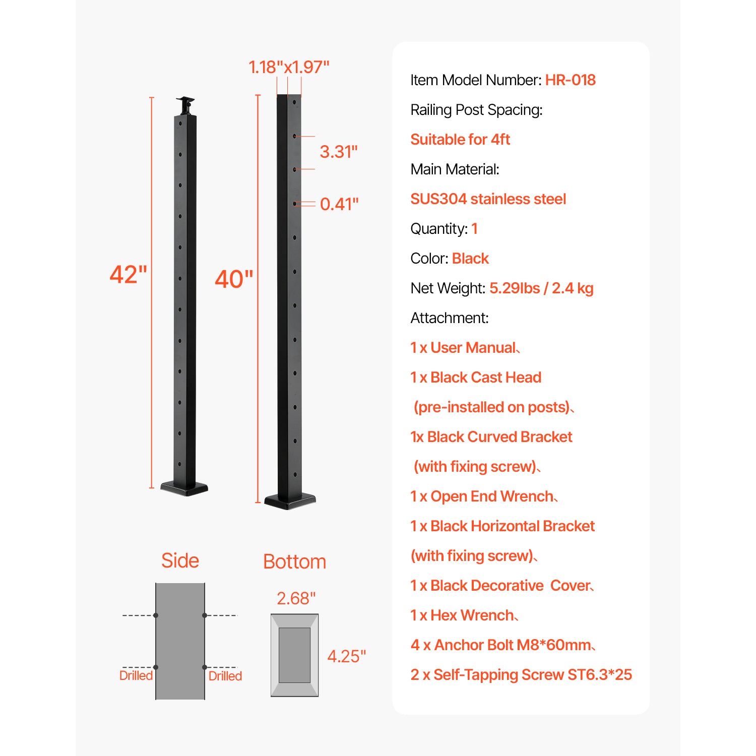 Cable Railing Post, 42x1x2 Inch Level Deck Stair Posts, 1-Pack Stainless Steel Cable Handrail Post, Pre-Drilled Pickets with Mounting Bracket Stair Railing Kit, Black, 1JZLGZXHS1063GGTD001V0