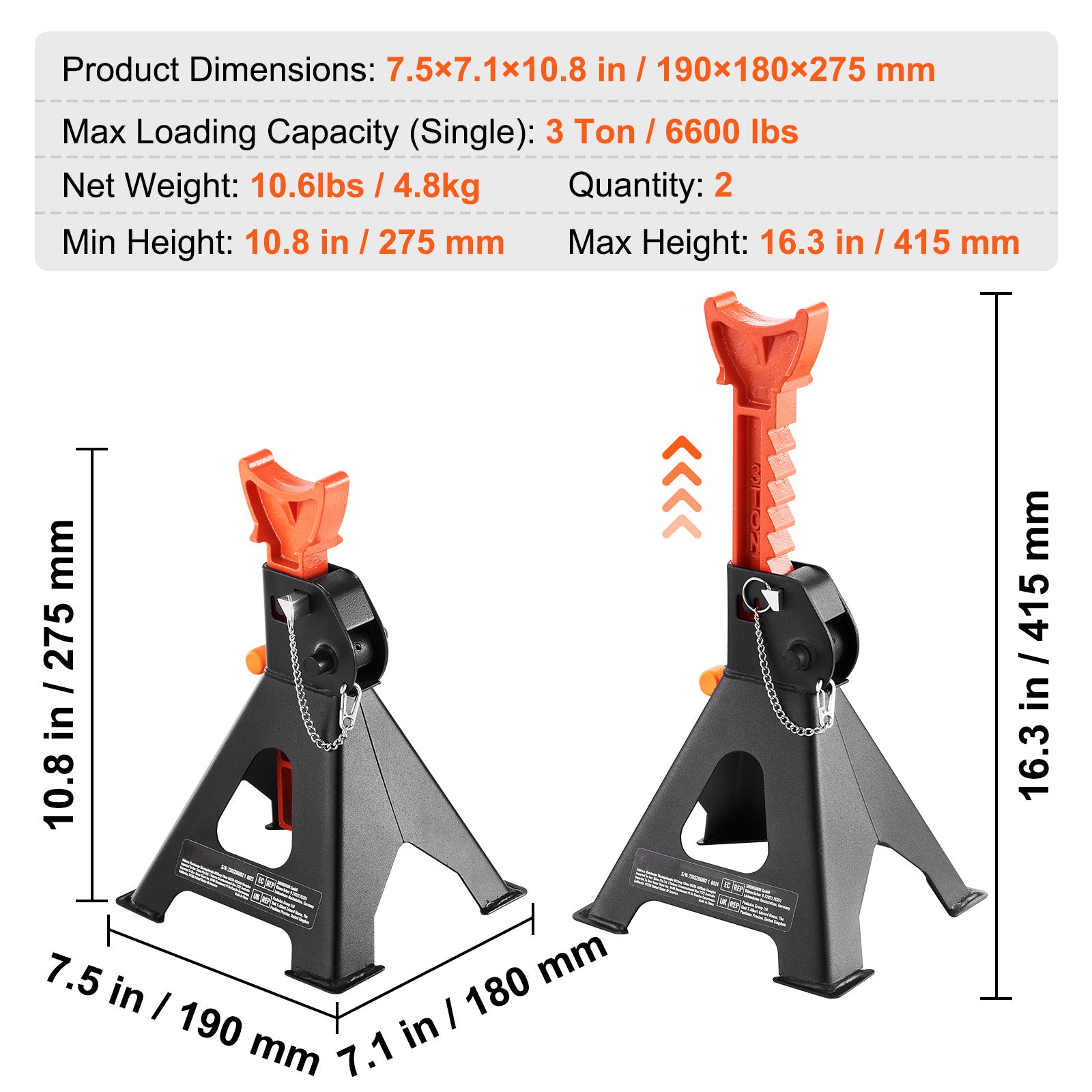Jack Stands, 3 Ton (6,000 lbs) Capacity Car Jack Stands Double Locking, 10.8-16.3 inch Adjustable Height, for lifting SUV, Pickup Truck, Car and UTV/ATV, Red, 1 Pair