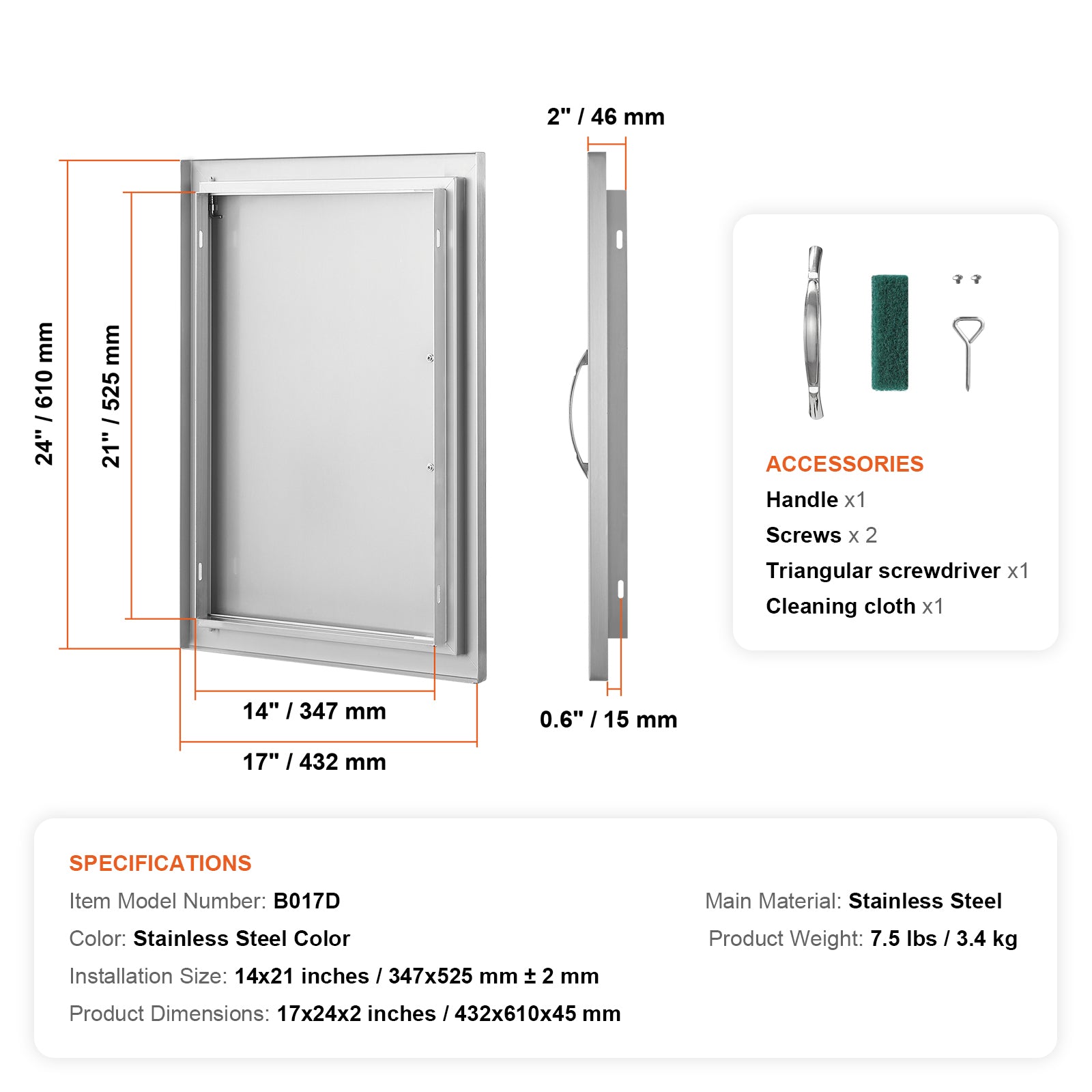 BBQ Access Door, 17W x 24H Inch Single Outdoor Kitchen Door, Stainless Steel Flush Mount Door, Wall Vertical Door with Handle, for BBQ Island, Grilling Station, Outside Cabinet