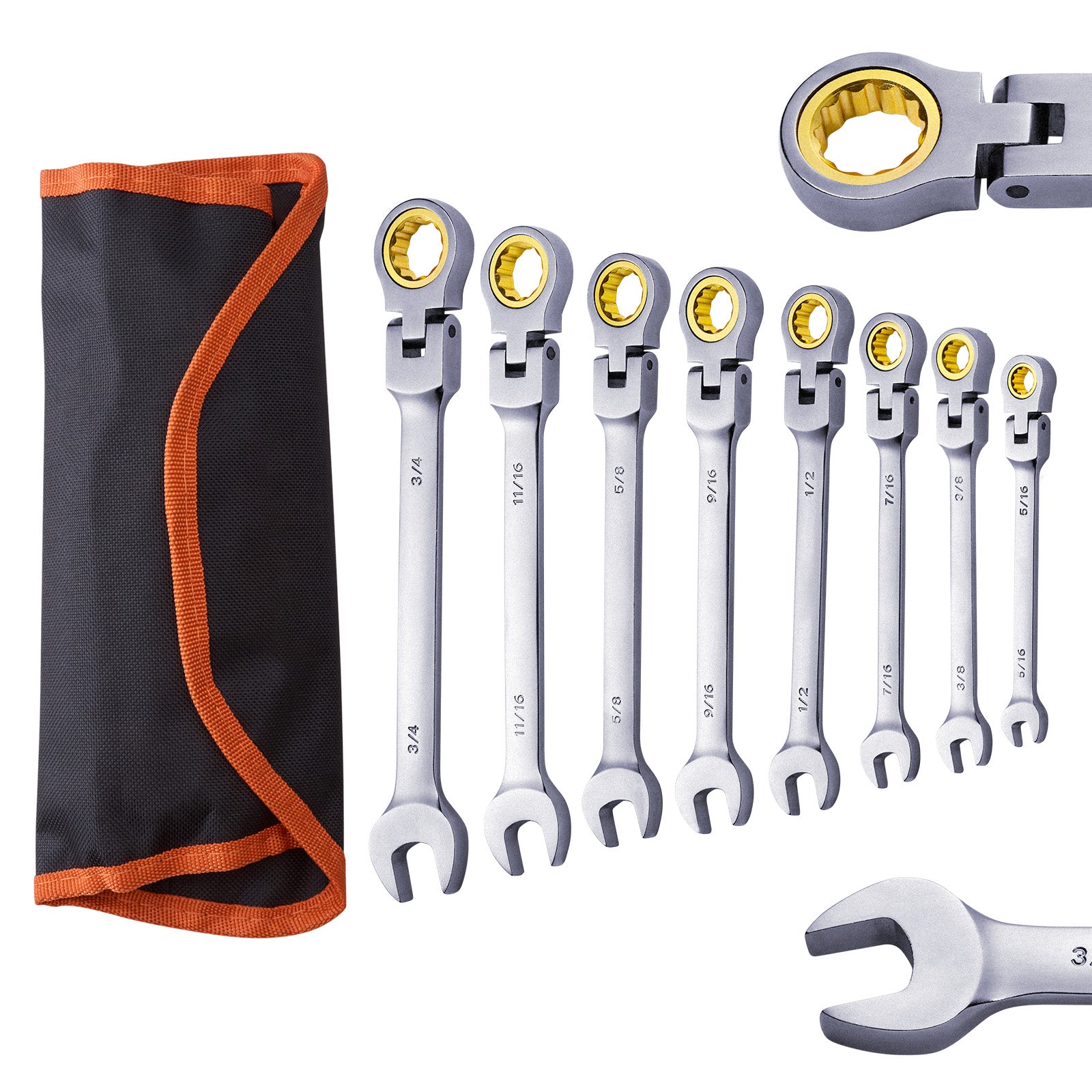 Flex-Head Ratcheting Wrench Set 8 PCS SAE 5/16"-3/4" with Roll-up Pouch