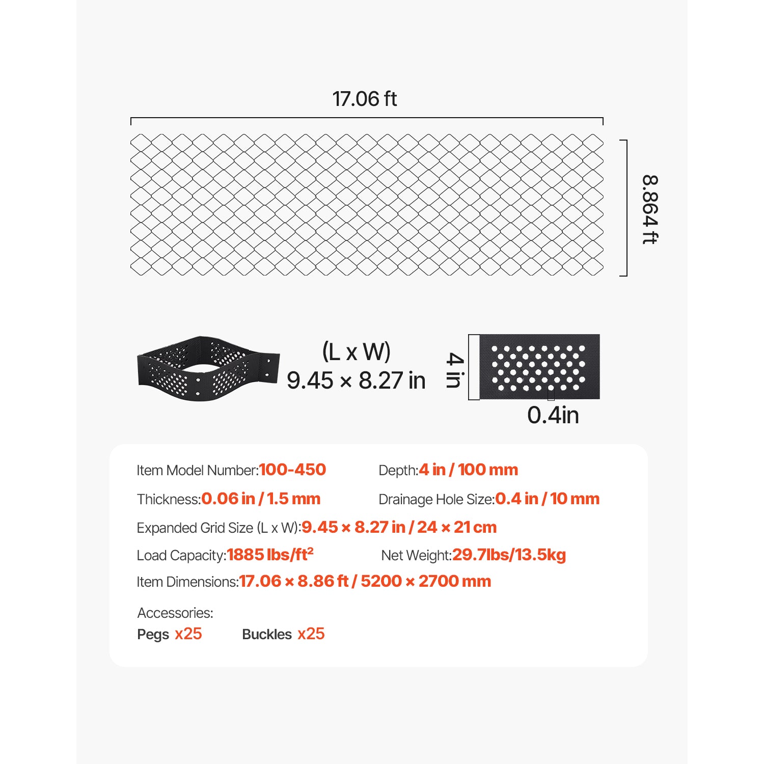Ground Grid 4-Inch Depth Geocell Grid 17.06x8.86 FT / 5200x2700 mm for Gravel