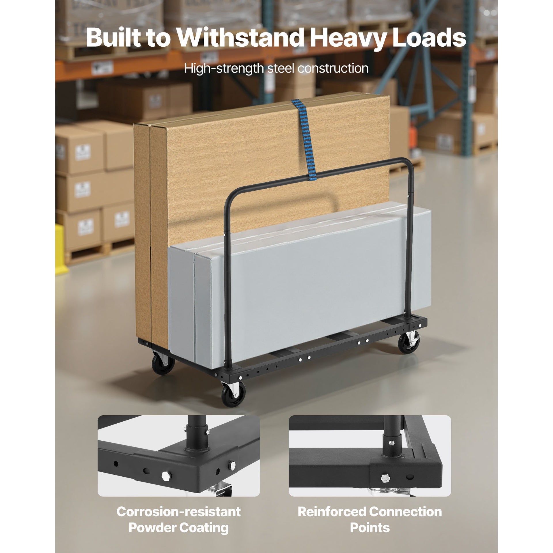 Drywall Cart Dolly, 1800 lbs Load Capacity, Steel Panel Truck Cart with 5 inch Swivel Casters, Lumber Drywall Dolly with Tie-Down Strap & 2 Side Handrails for Factory, Warehouse, Garage, Black