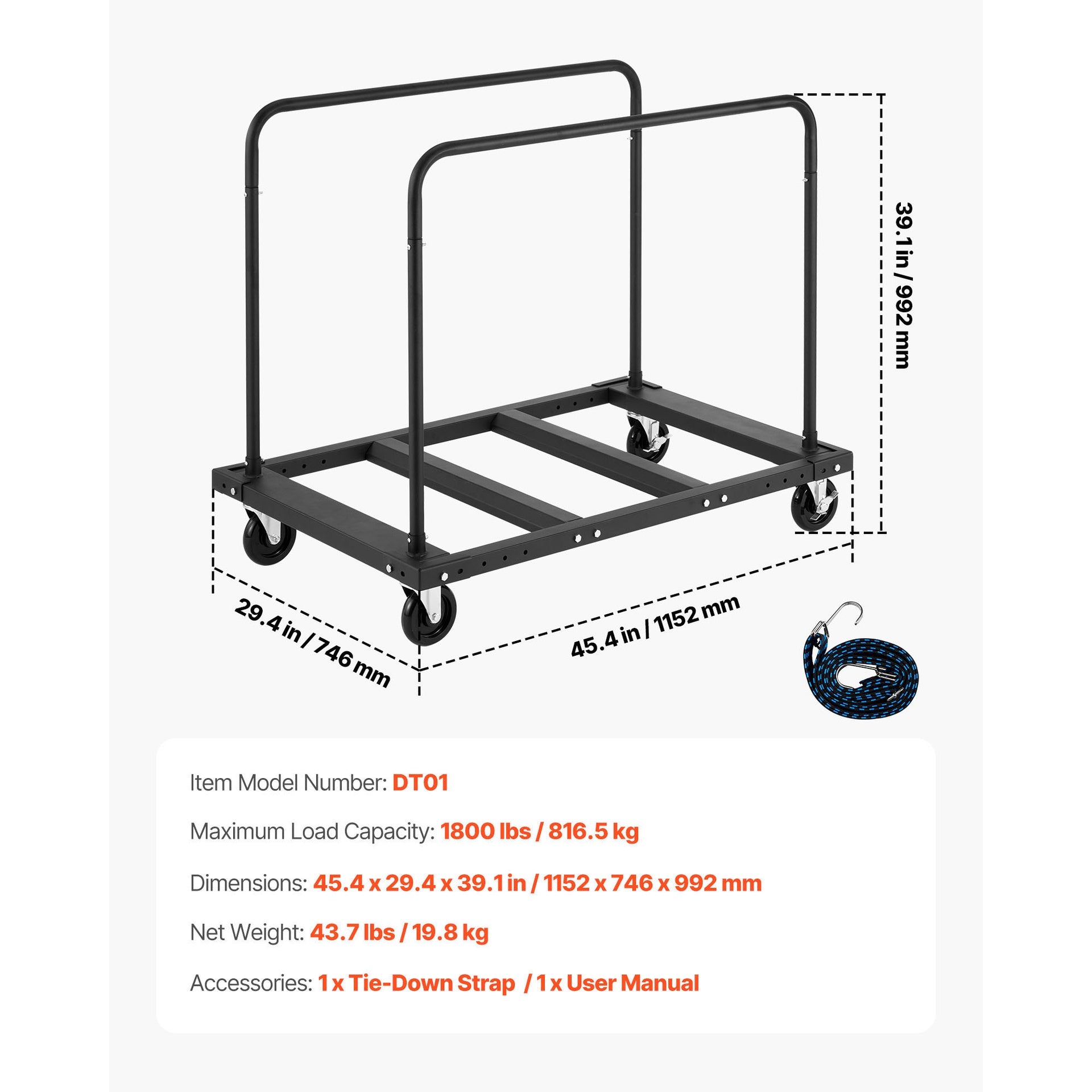 Drywall Cart Dolly, 1800 lbs Load Capacity, Steel Panel Truck Cart with 5 inch Swivel Casters, Lumber Drywall Dolly with Tie-Down Strap & 2 Side Handrails for Factory, Warehouse, Garage, Black