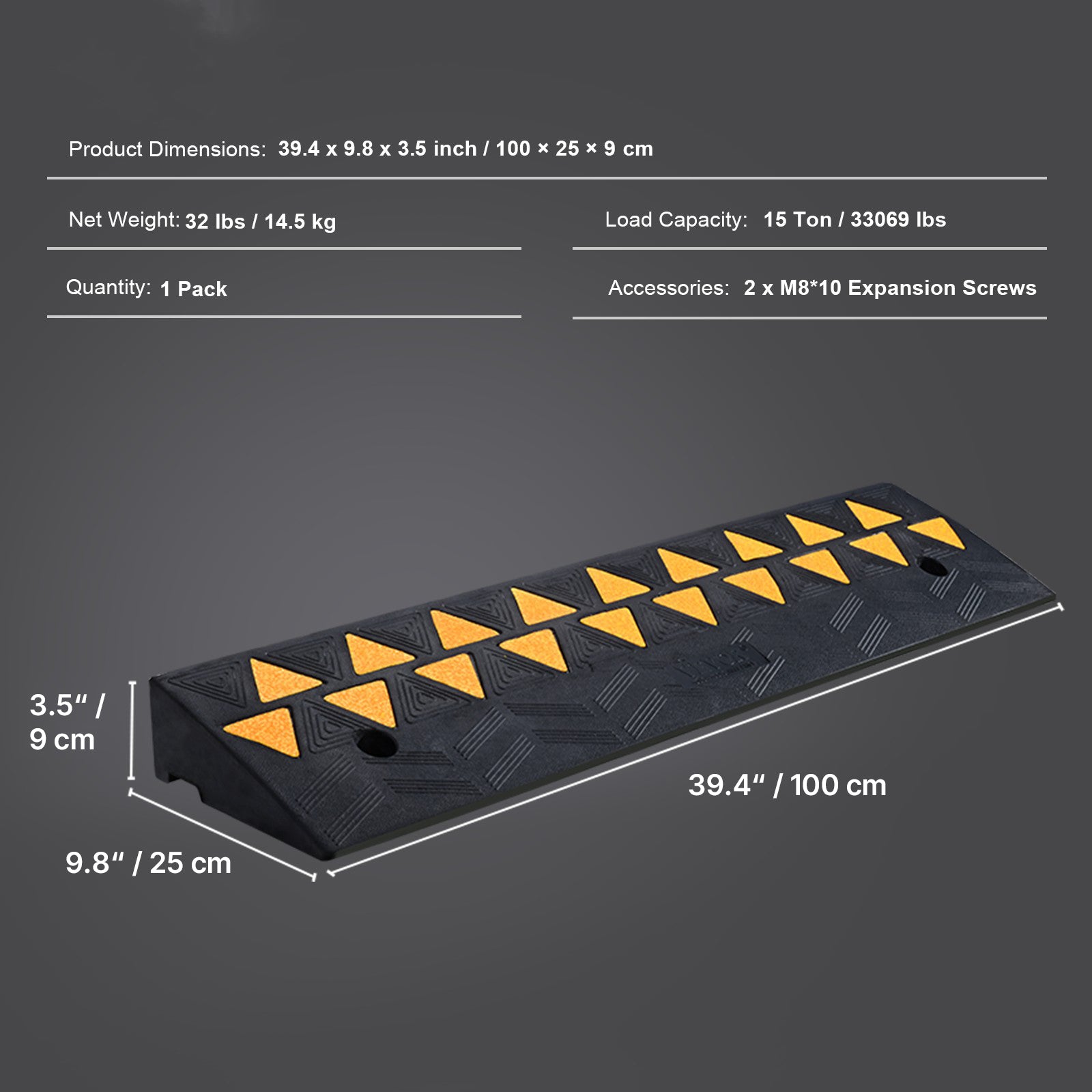 Rubber Curb Ramp 3.7" Rise Height Sidewalk Curb Ramp, 10" Width 39.4" Length Driveway Ramp for Curb, 15T Heavy Duty Rubber Ramp for Forklifts, Trucks, Buses, Cars, Wheelchairs, Bikes