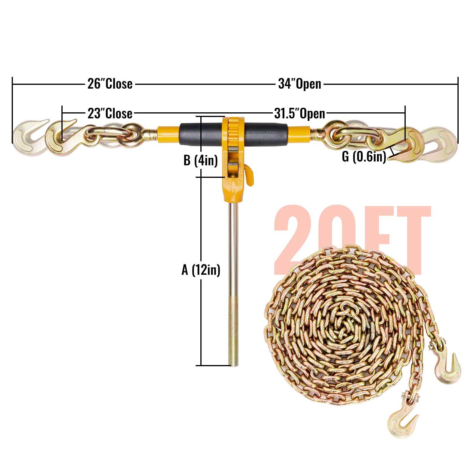Ratchet Chain Binder 2PCS, 3/8"-1/2" Heavy Duty Load Binders, with G80 Chains 12000 lbs Secure Load Limit, Labor-saving Anti-skid Handle, Tie Down Hauling Chain Binders for Flatbed Truck Trailer