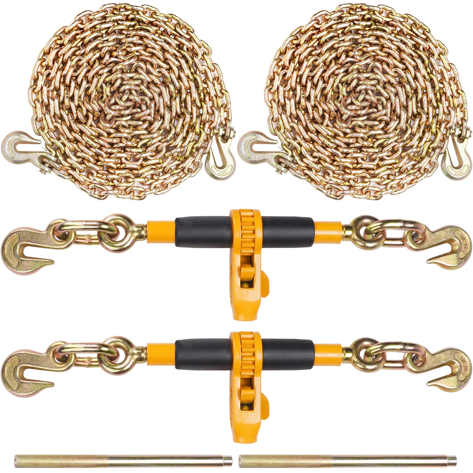 Ratchet Chain Binder 2PCS, 3/8"-1/2" Heavy Duty Load Binders, with G80 Chains 12000 lbs Secure Load Limit, Labor-saving Anti-skid Handle, Tie Down Hauling Chain Binders for Flatbed Truck Trailer