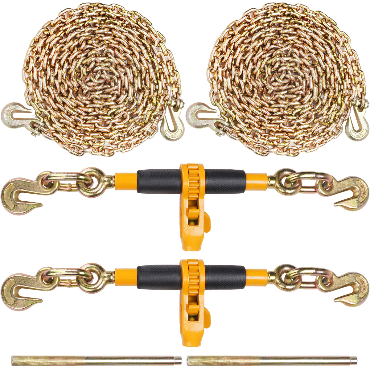 Ratchet Chain Binder 2PCS, 3/8"-1/2" Heavy Duty Load Binders, with G80 Chains 12000 lbs Secure Load Limit, Labor-saving Anti-skid Handle, Tie Down Hauling Chain Binders for Flatbed Truck Trailer