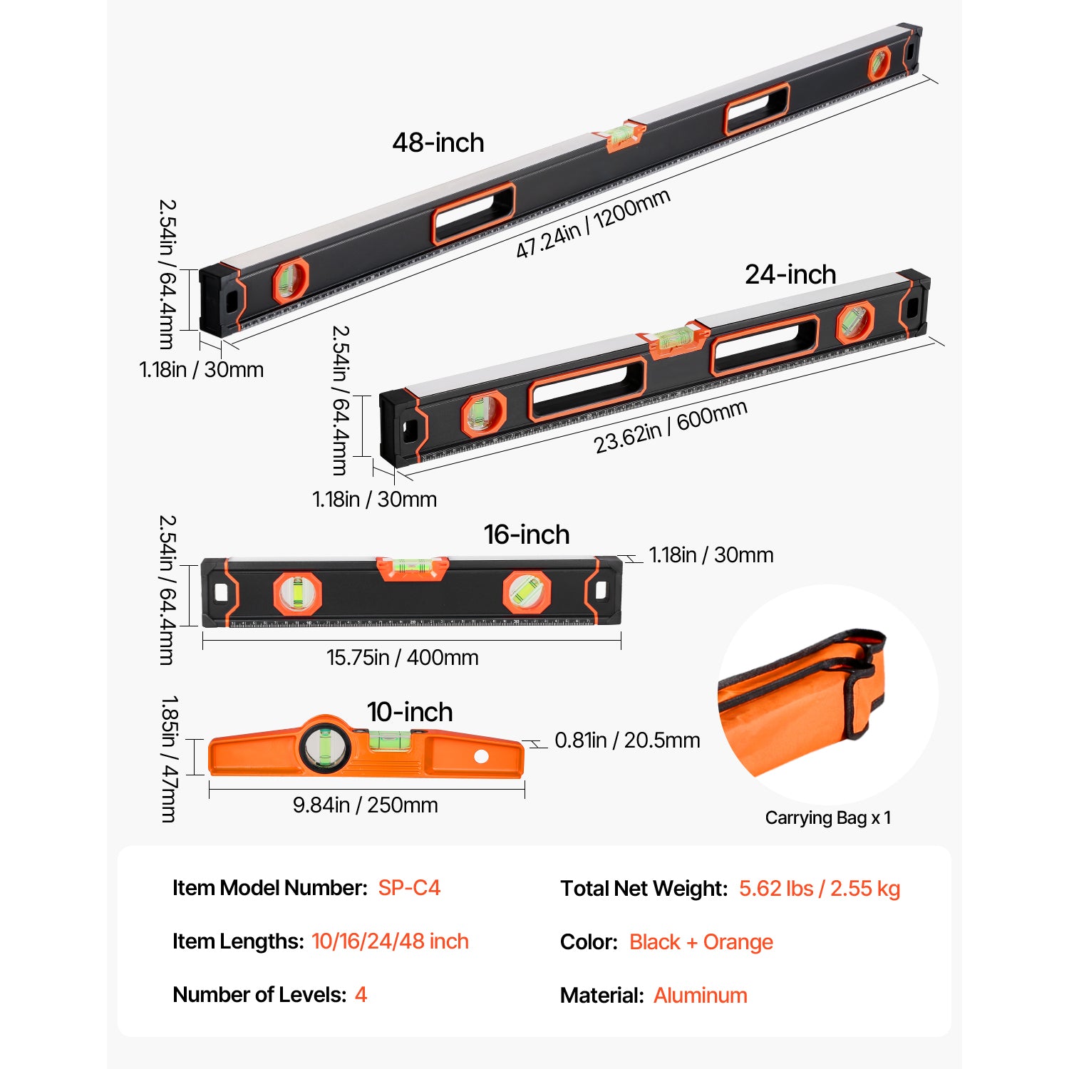 4-Piece Torpedo Level, 48/24/16/10 Inch All Magnetic Levels Set, Fluorescent Light Up Bubble Vials Ruler for 45/90/180 Degree, Aluminum Alloy Magnetic Box Leveler Tool, SAE and Metric Scale