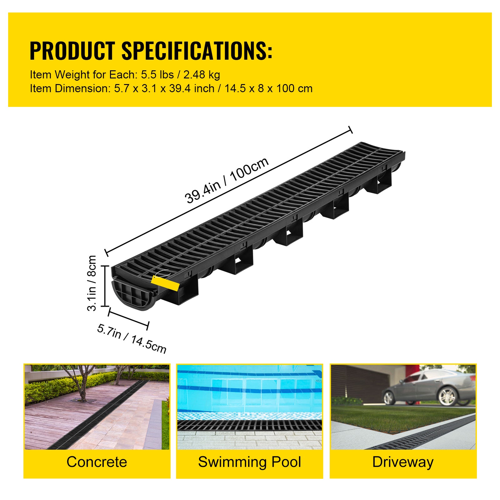 Trench Drain System, Channel Drain with Plastic Grate, 5.7x3.1-Inch HDPE Drainage Trench, Black Plastic Garage Floor Drain, 5x39 Trench Drain Grate, with 5 End Caps, for Garden, Driveway-5 Pack
