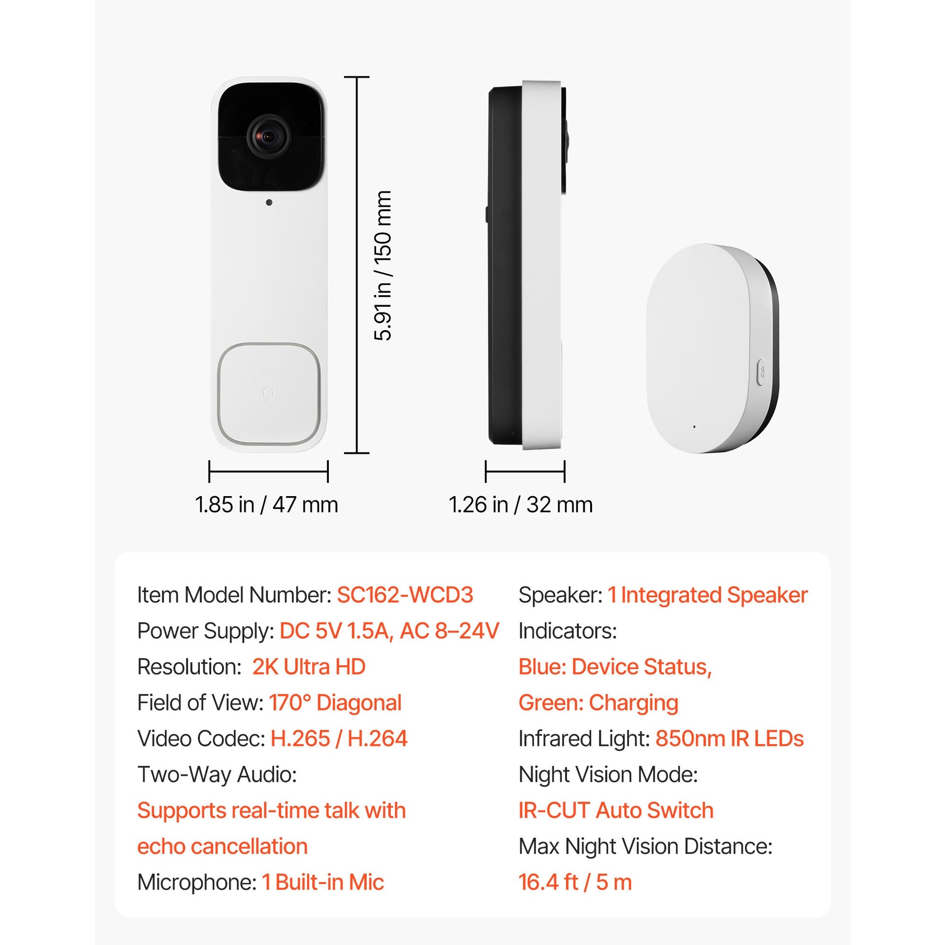Video Doorbell, 2K Wireless Camera Ring Doorbell Works with 170° Ultra-Wide View, 2-Way Audio, Motion Detection & Night Vision, Supports Alexei & Google, Cloud Storage, Battery/Wired Powered