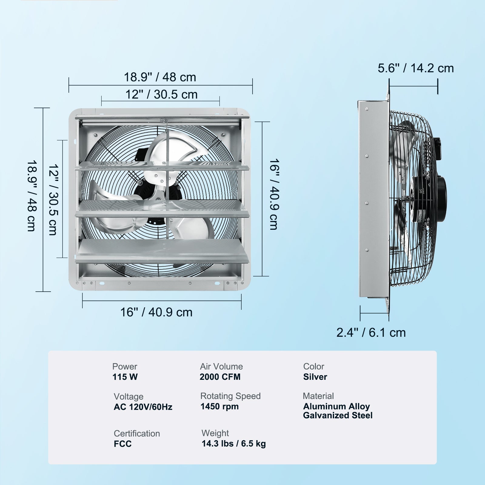 16'' Shutter Exhaust Fan, High-speed 2000 CFM, Aluminum Wall Mount Attic Fan with AC-motor, Ventilation and Cooling for Greenhouses, Garages, Sheds, Shops, FCC