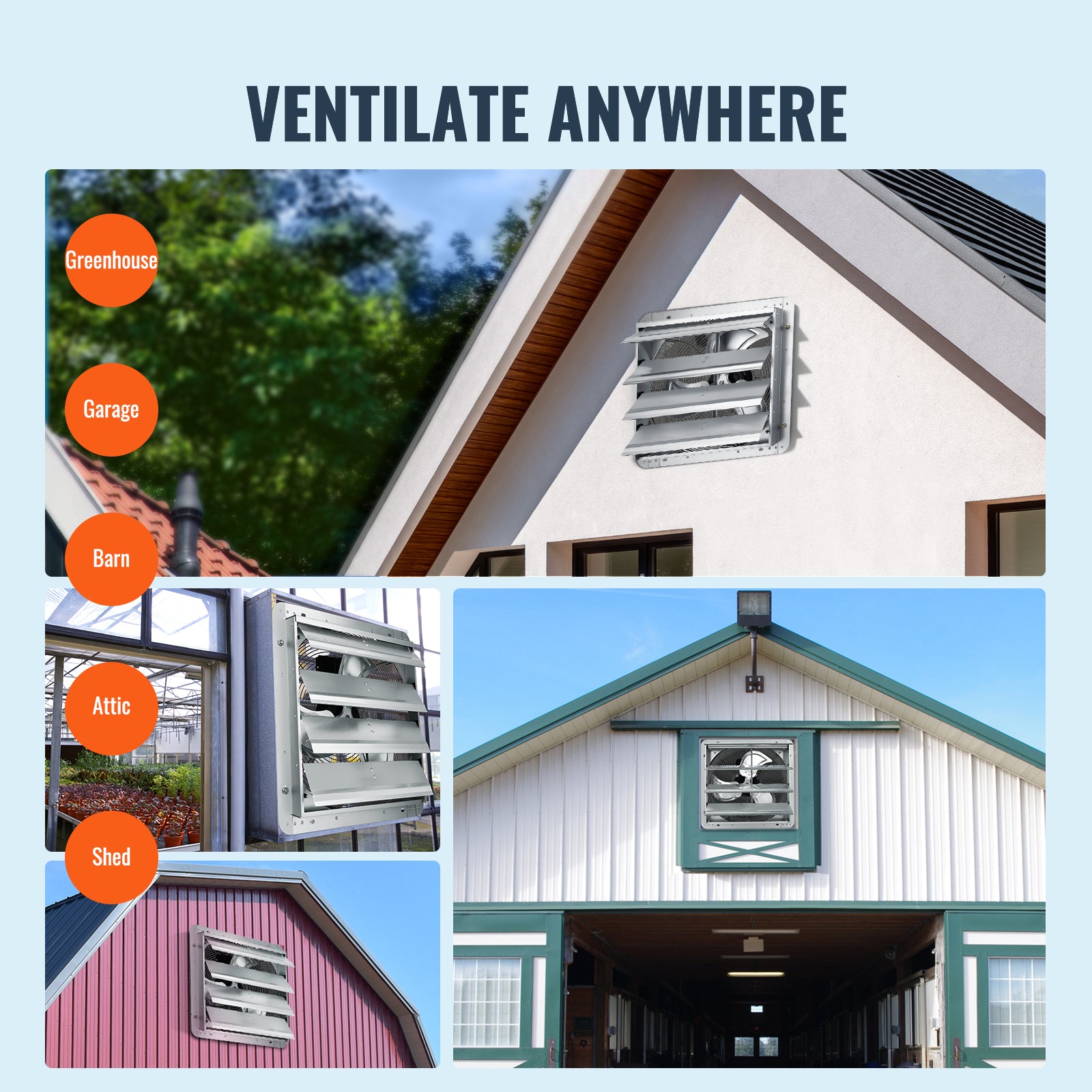 16'' Shutter Exhaust Fan, High-speed 2000 CFM, Aluminum Wall Mount Attic Fan with AC-motor, Ventilation and Cooling for Greenhouses, Garages, Sheds, Shops, FCC