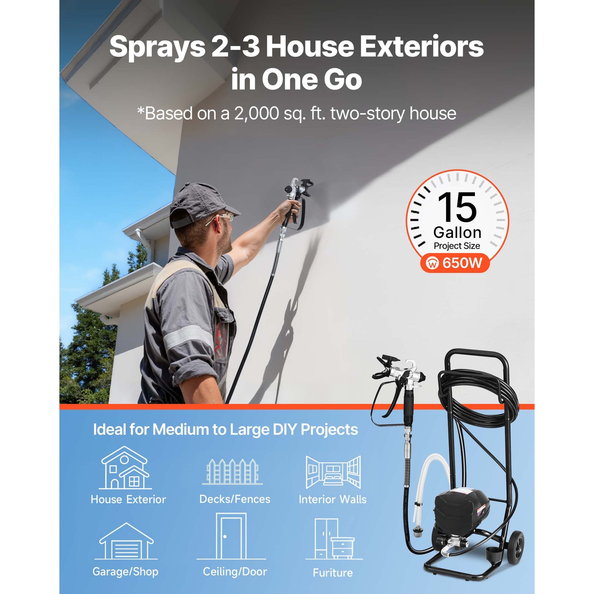 Stand Airless Paint Sprayer, 650W, 3000PSI High Pressure Airless Sprayer with Cart, Cleaning Brush, Hose, Extension Rod, Nozzles, Electric Spray Paint Machine for House Exterior and Interior