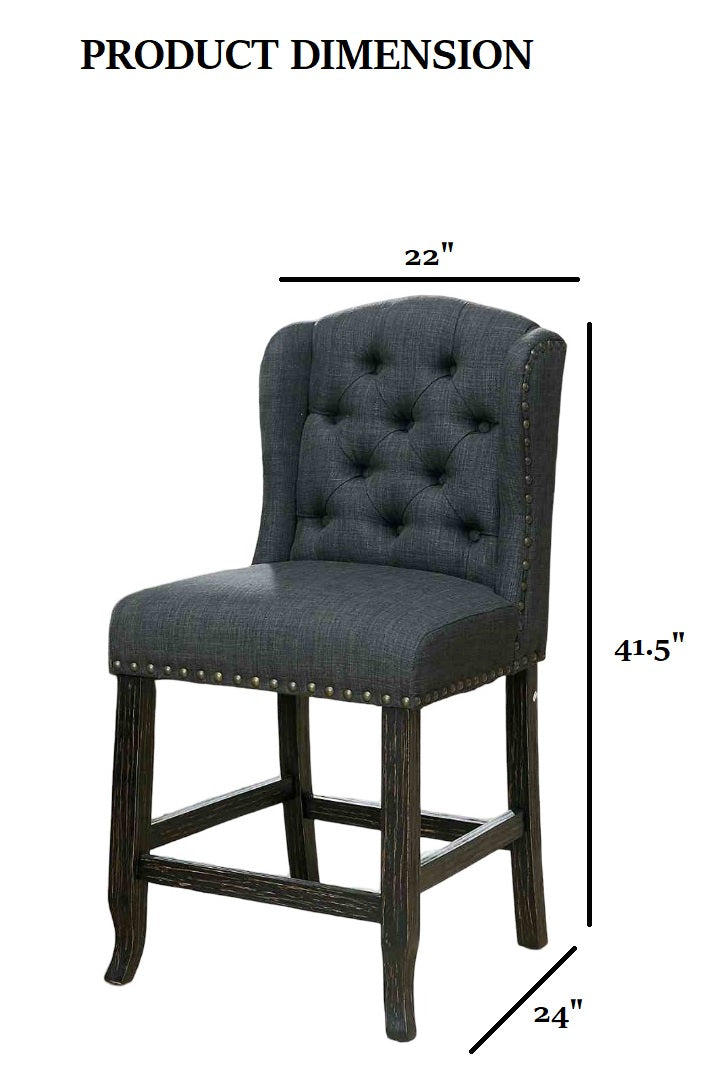 Rustic Style 2pc Counter Height Chair Bold Distressed Nailhead Trim Wingback Antique Black Finish Dining Room