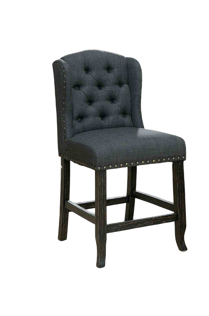 Rustic Style 2pc Counter Height Chair Bold Distressed Nailhead Trim Wingback Antique Black Finish Dining Room