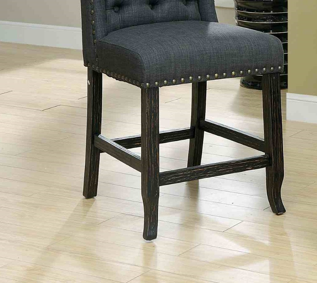 Rustic Style 2pc Counter Height Chair Bold Distressed Nailhead Trim Wingback Antique Black Finish Dining Room