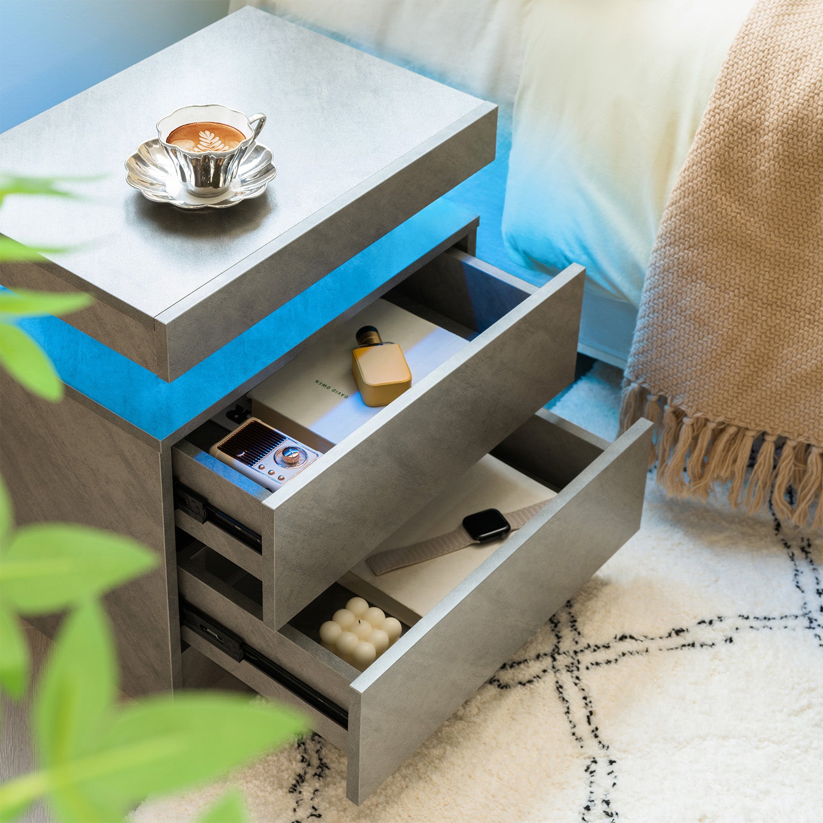 Nightstand LED Bedside Table Cabinet Lights Modern End Side with 2 Drawers for Bedroom (Deep Gray)