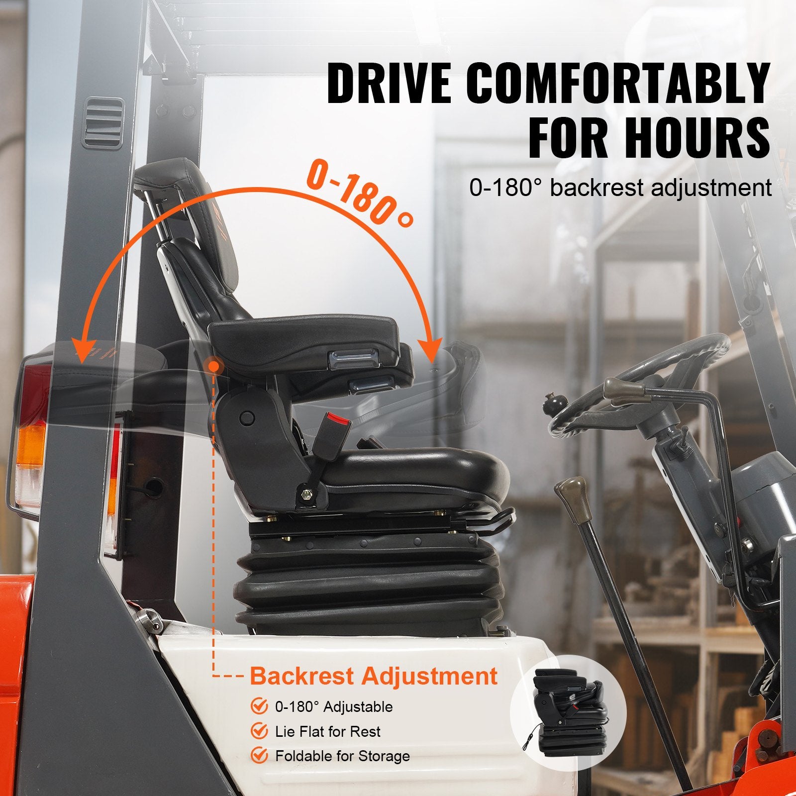 Universal Tractor seat Suspension, Fold Down Forklift Seat with Adjustable Angle Back, Micro Switch, Seatbelt and Armrests, 3-level Shock Absorption Tractor Seat for Tractor Loader Excavator