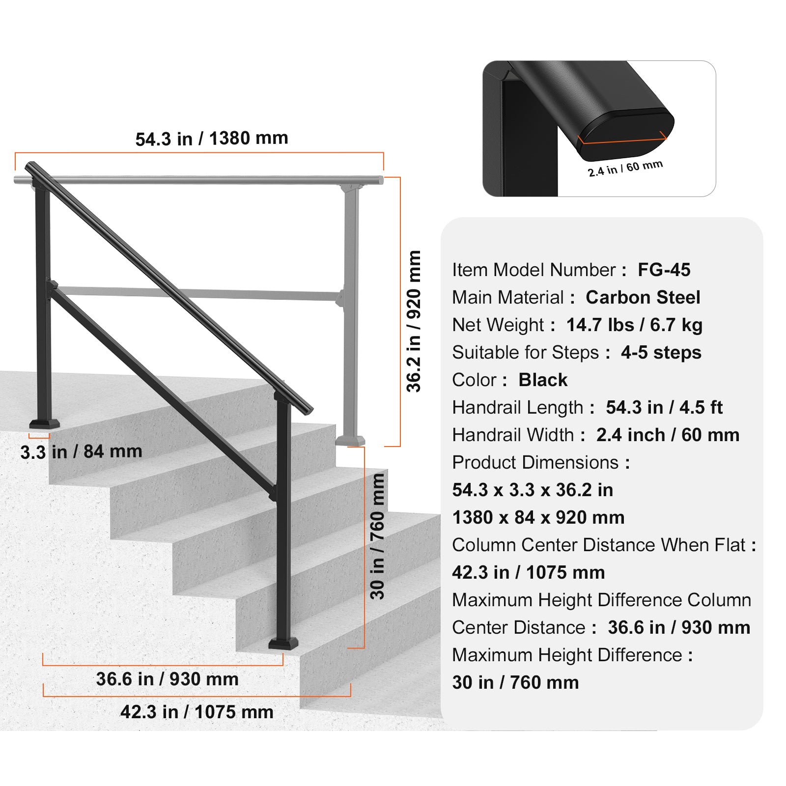 4-5 Handrails for Outdoor for Seniors Porch Deck Black Square Tube Steel