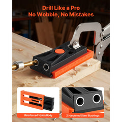 Pocket Hole Jig Kit, 1/2 to 1-1/2 in Adjustable, Mini Jig Pocket Hole System with Step Drill, Hex Wrench, Drill Stop Ring, Square Drive Bit, and Screws, Reinforced Nylon Frame, for Woodworking