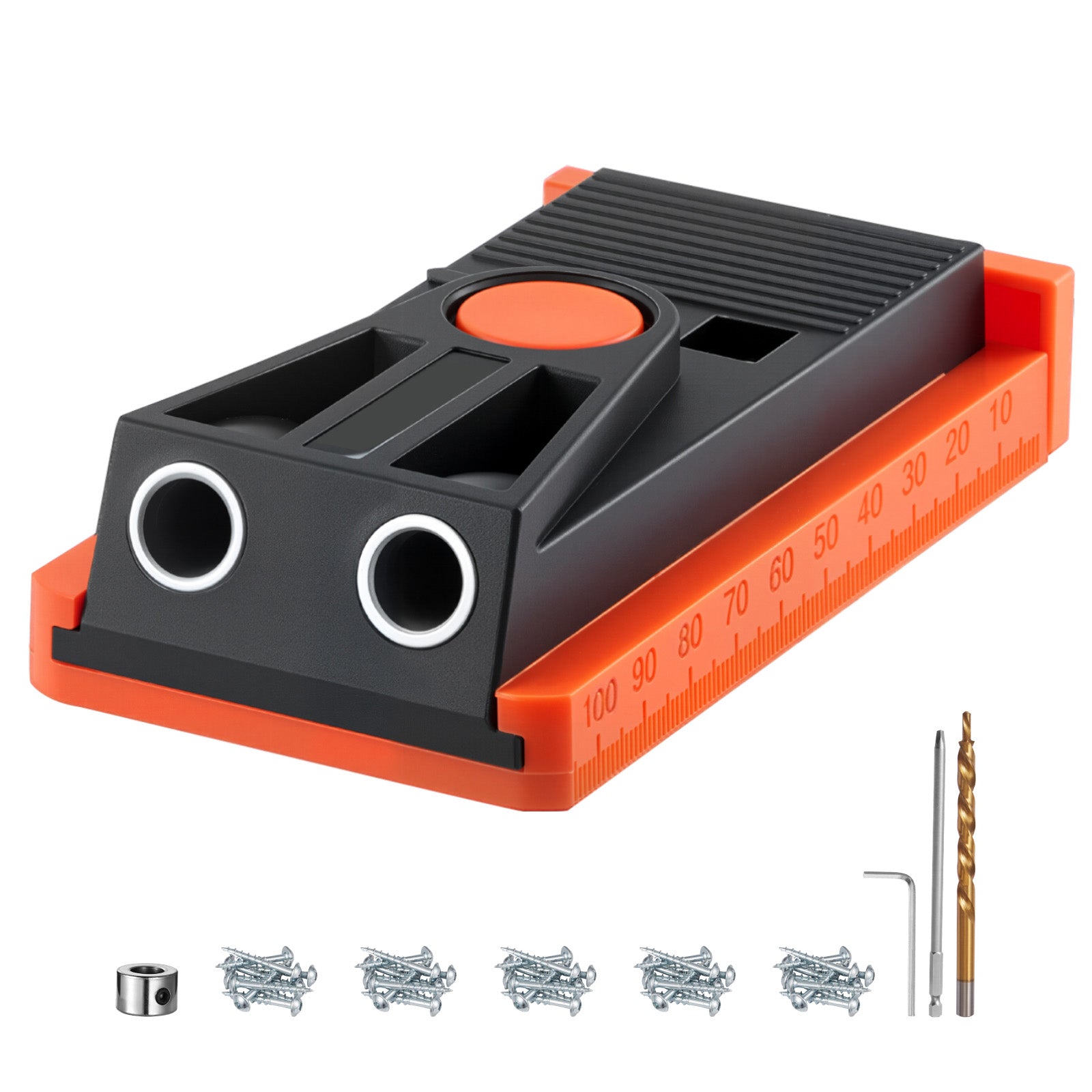 Pocket Hole Jig Kit, 1/2 to 1-1/2 in Adjustable, Mini Jig Pocket Hole System with Step Drill, Hex Wrench, Drill Stop Ring, Square Drive Bit, and Screws, Reinforced Nylon Frame, for Woodworking
