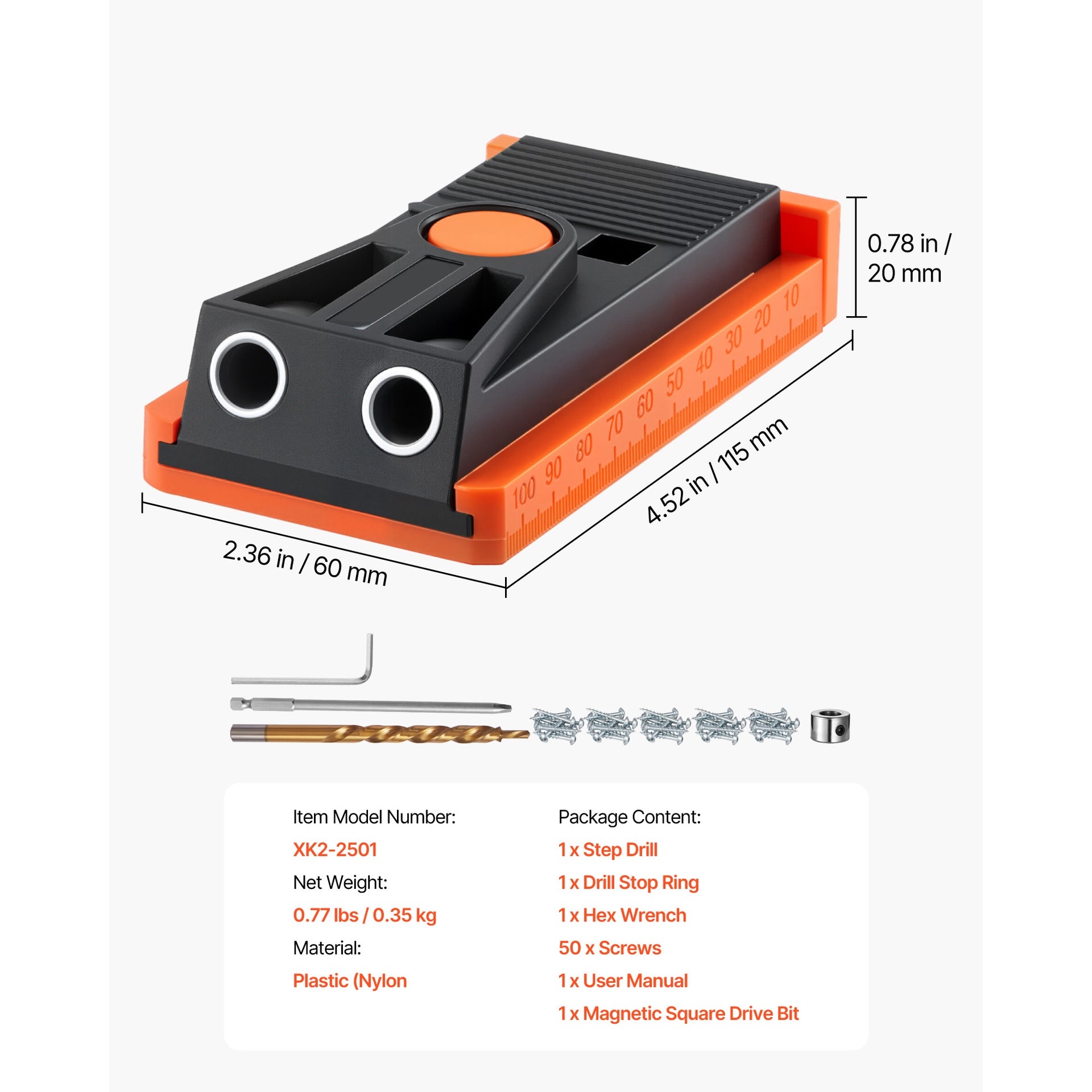 Pocket Hole Jig Kit, 1/2 to 1-1/2 in Adjustable, Mini Jig Pocket Hole System with Step Drill, Hex Wrench, Drill Stop Ring, Square Drive Bit, and Screws, Reinforced Nylon Frame, for Woodworking