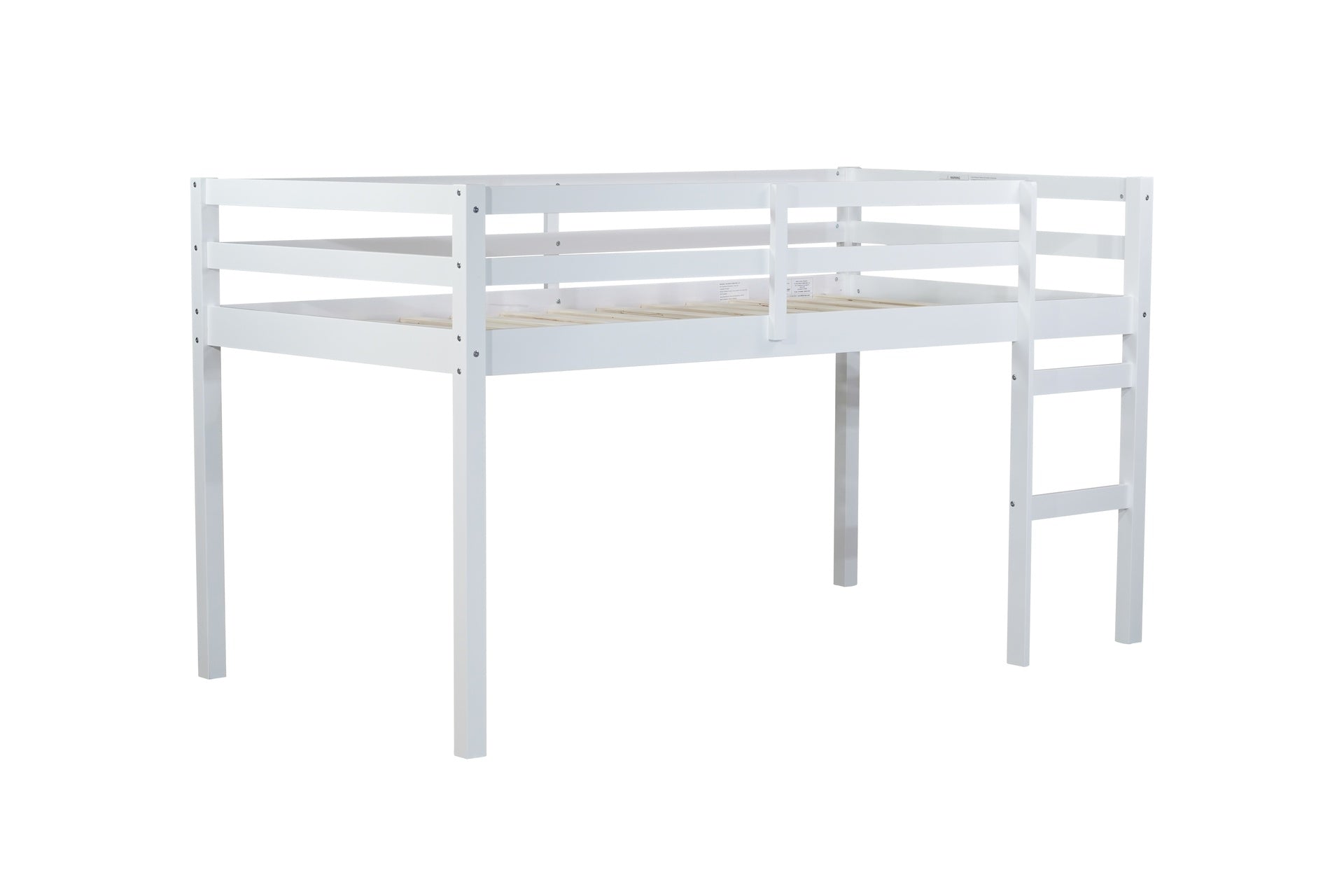 Solid Wooden, Rubber Wooden Twin Loft Bed with Ladder, Bed Platform of Strengthened Slats , White