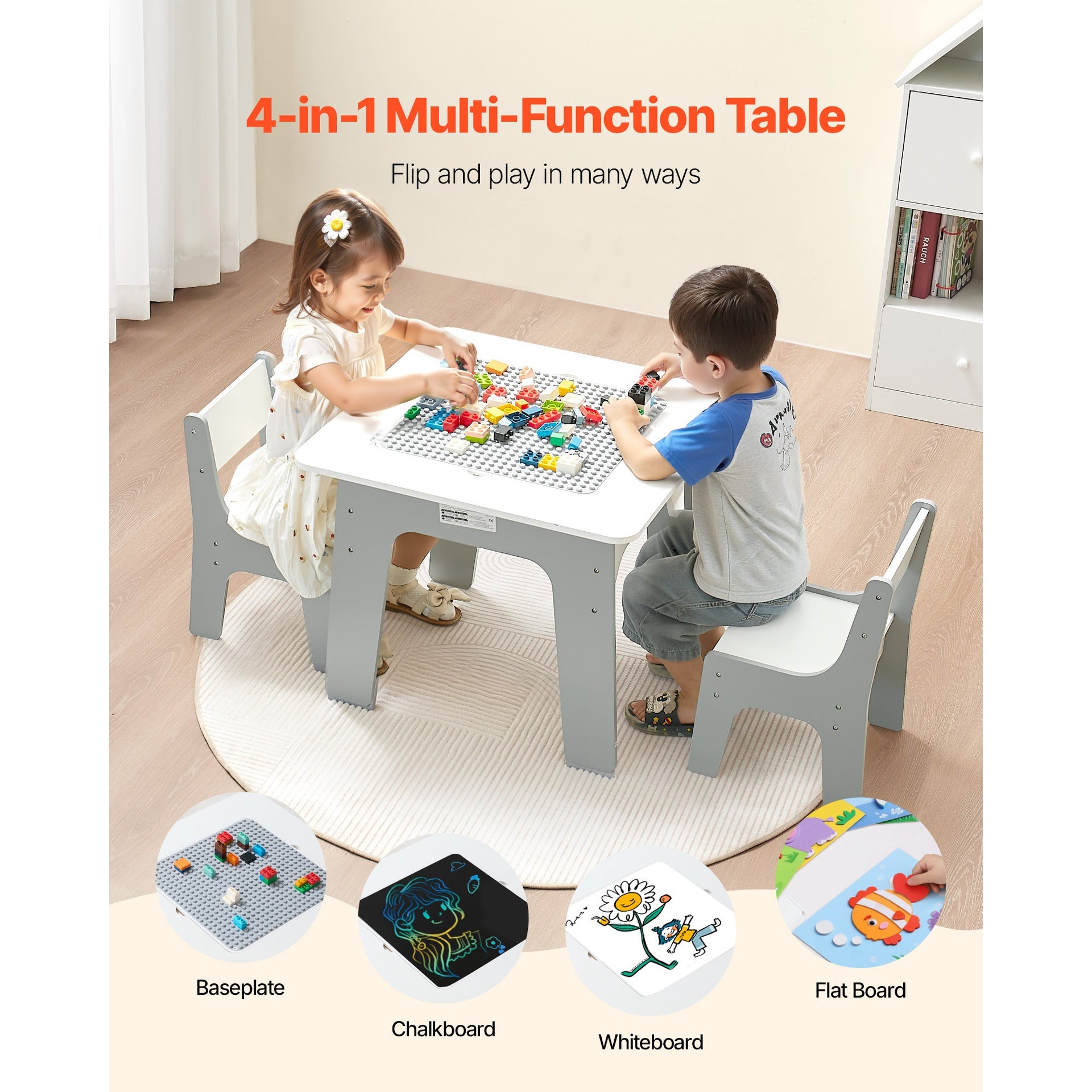 4 in 1 Kid Activity Table and 2 Chairs Set, Graffiti & Building Blocks Double-Sided Tabletop, Toddler Play Table with Storage for Kids 3+ Years, Large Storage Space, Gift for Boys & Girls, White