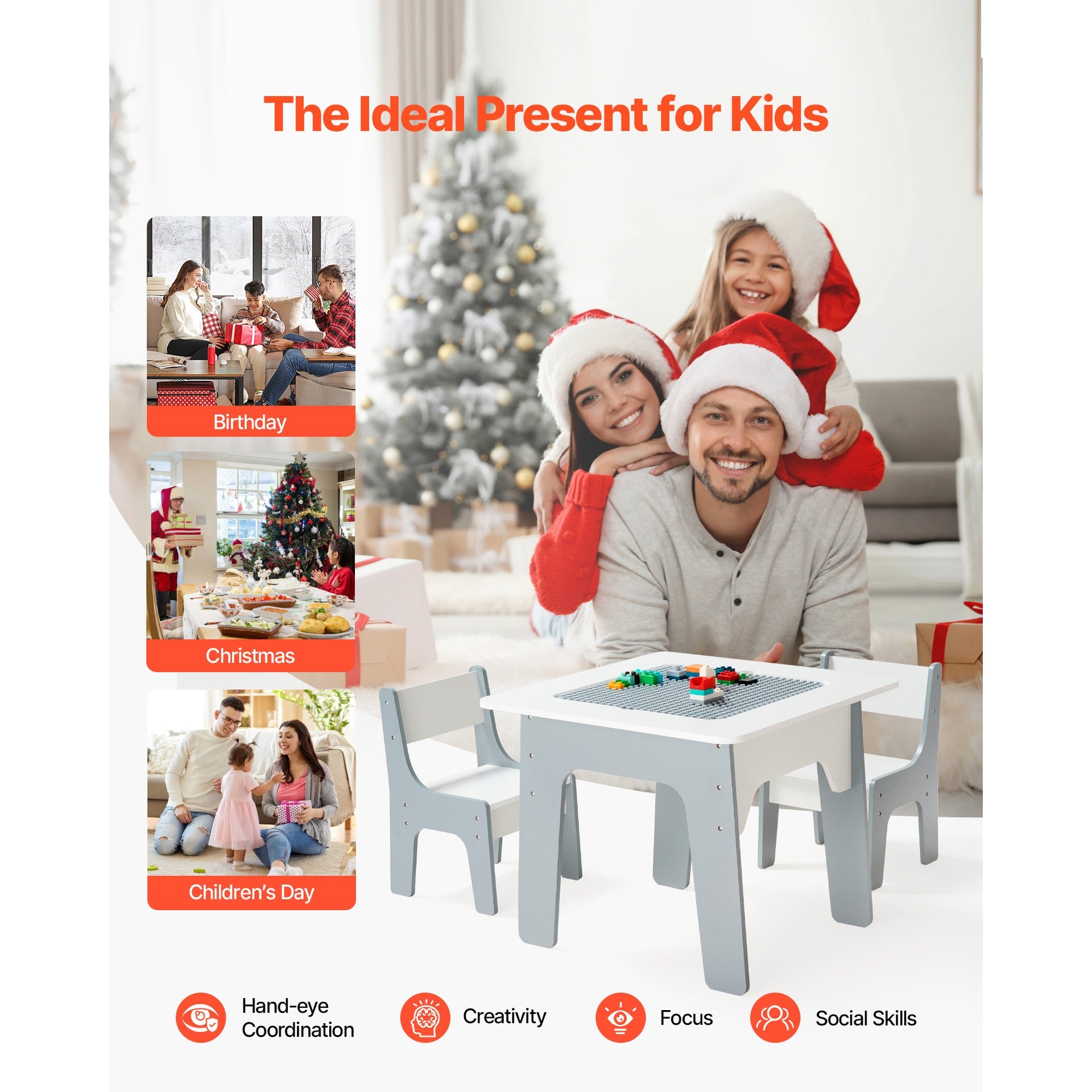 4 in 1 Kid Activity Table and 2 Chairs Set, Graffiti & Building Blocks Double-Sided Tabletop, Toddler Play Table with Storage for Kids 3+ Years, Large Storage Space, Gift for Boys & Girls, White