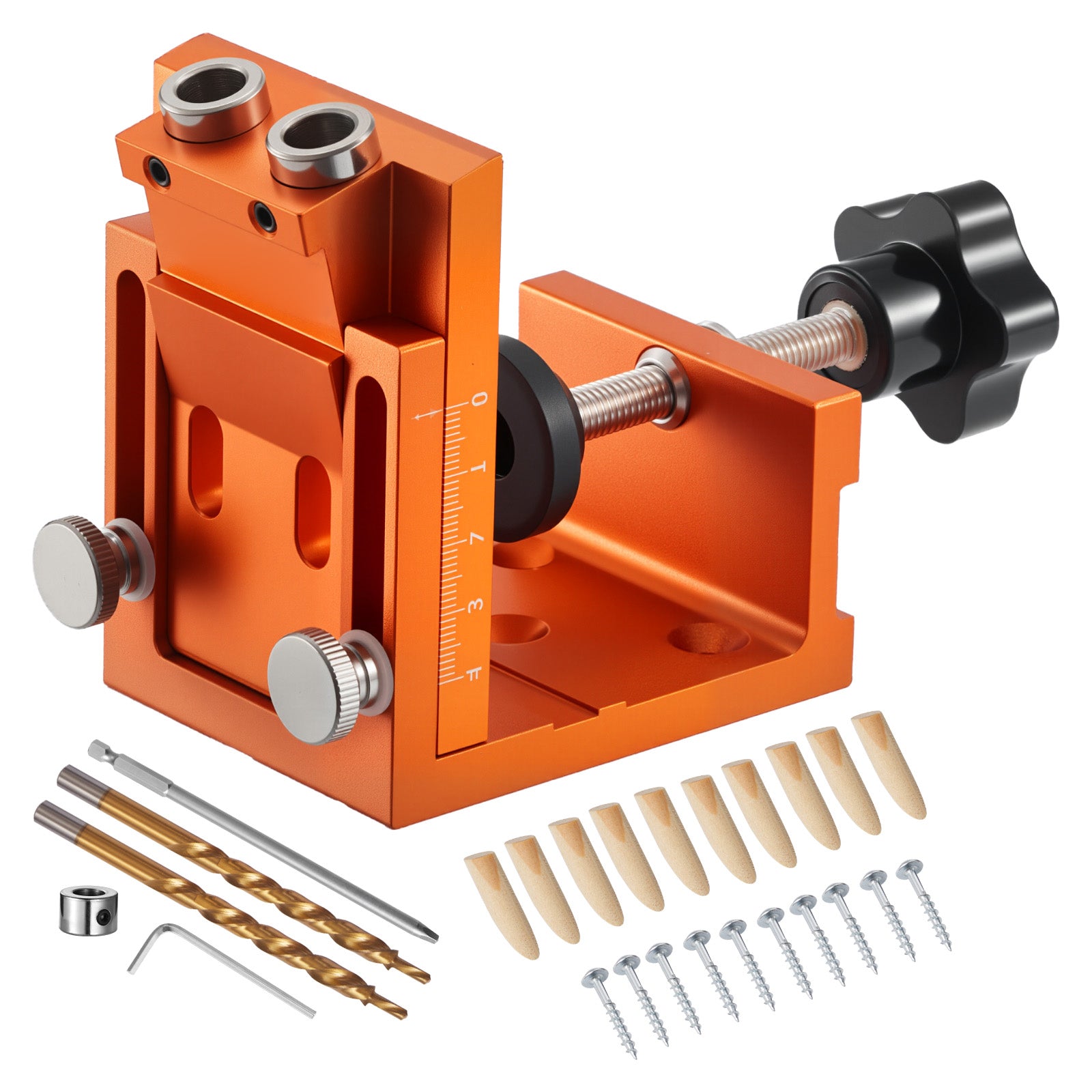 Pocket Hole Jig Kit, 0.47 to 1.89 in Adjustable, Jig Pocket Hole System with Step Drill, Hex Wrench, Drill Stop Ring, Square Drive Bit, Plugs and Screws, Reinforced Metal Frame, for Woodworking