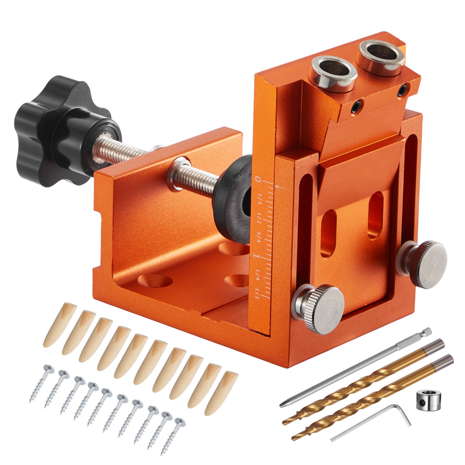 Pocket Hole Jig Kit, 0.47 to 1.89 in Adjustable, Jig Pocket Hole System with Step Drill, Hex Wrench, Drill Stop Ring, Square Drive Bit, Plugs and Screws, Reinforced Metal Frame, for Woodworking