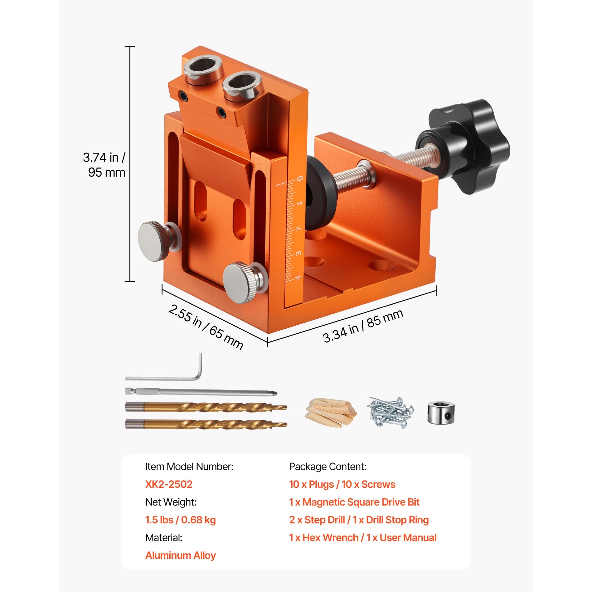 Pocket Hole Jig Kit, 0.47 to 1.89 in Adjustable, Jig Pocket Hole System with Step Drill, Hex Wrench, Drill Stop Ring, Square Drive Bit, Plugs and Screws, Reinforced Metal Frame, for Woodworking