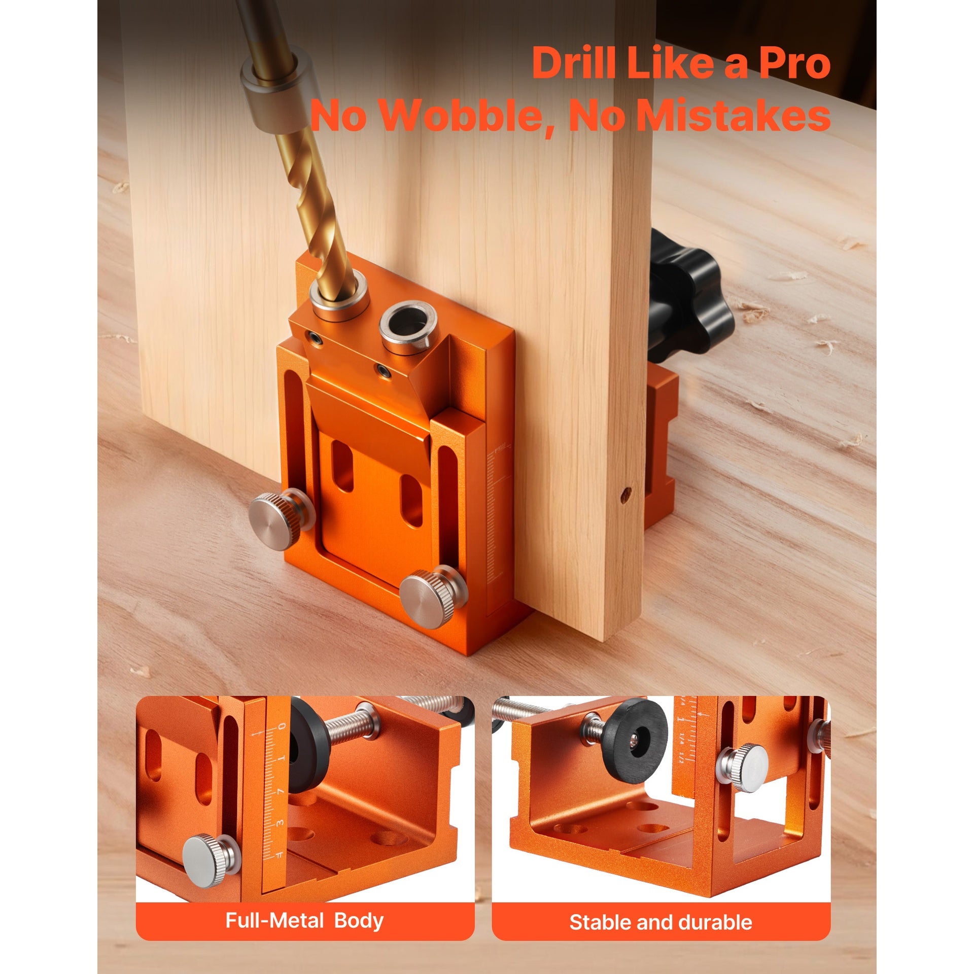 Pocket Hole Jig Kit, 0.47 to 1.89 in Adjustable, Jig Pocket Hole System with Step Drill, Hex Wrench, Drill Stop Ring, Square Drive Bit, Plugs and Screws, Reinforced Metal Frame, for Woodworking