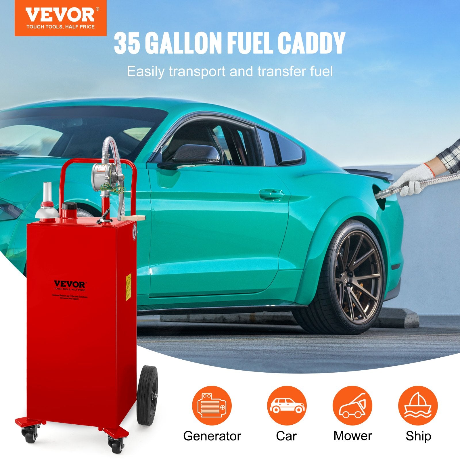 Fuel Caddy, 35 Gallon, Gas Storage Tank on 4 Wheels, with Manuel Transfer Pump, Gasoline Diesel Fuel Container for Cars, Lawn Mowers, ATVs, Boats, More, Red