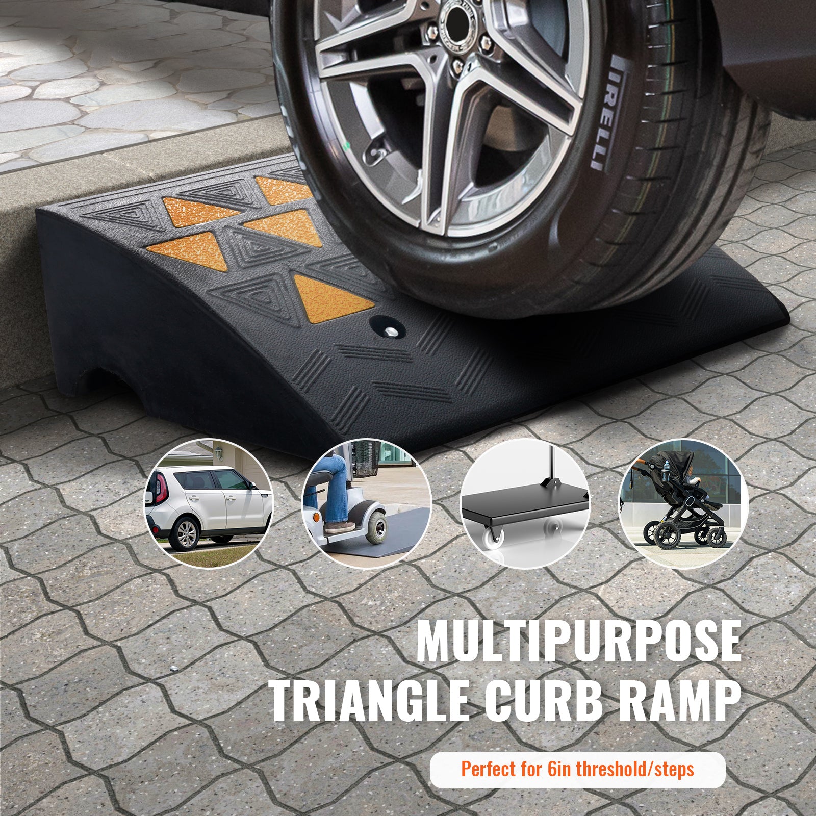 Rubber Curb Ramp 6" Rise Height Sidewalk Curb Ramp, 14.6" Width 19.3" Length Driveway Ramp for Curb, 15T Heavy Duty Rubber Ramp for Forklifts, Trucks, Buses, Cars, Wheelchairs, Bikes