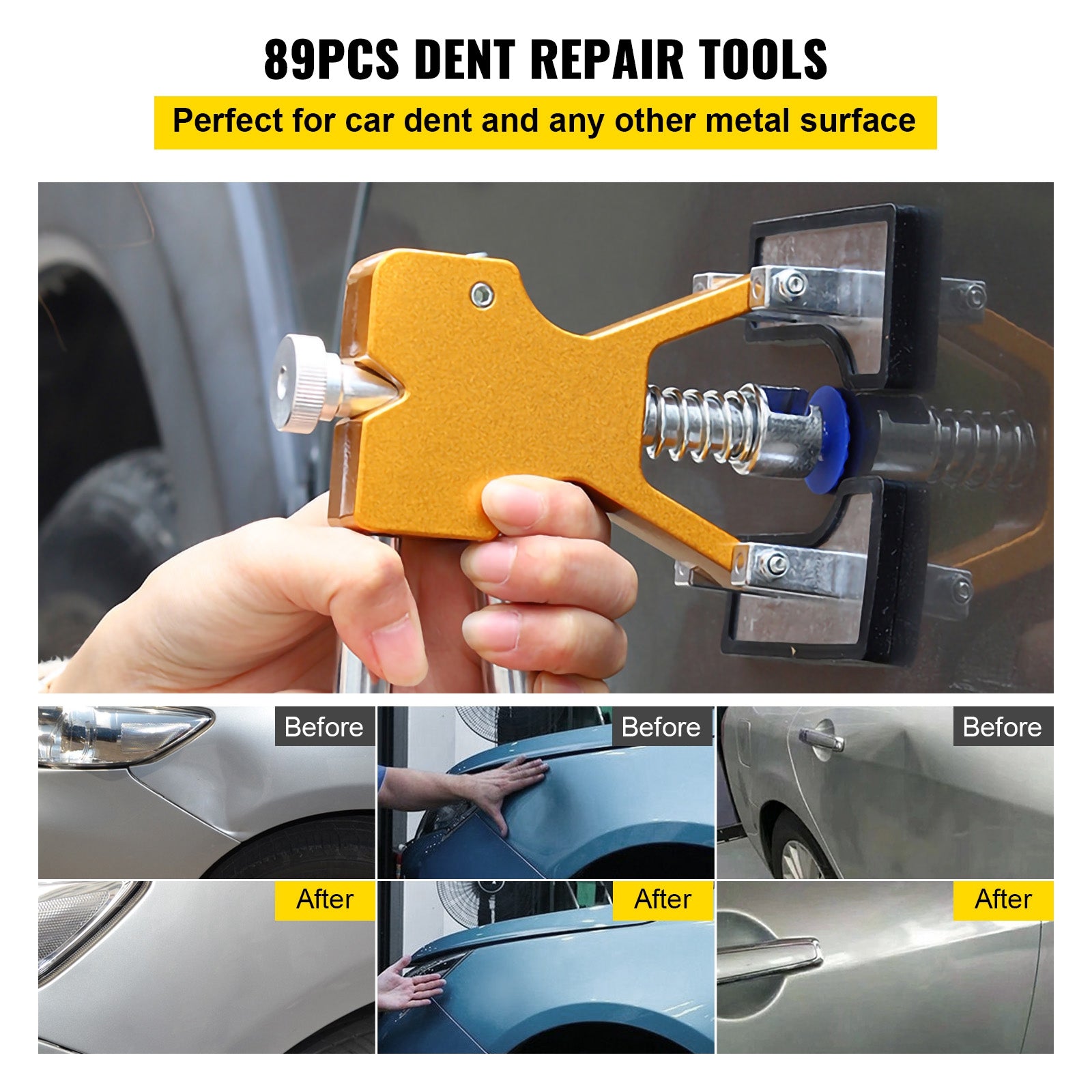 Paintless Dent Removal Rods, 89 PCS Paintless Dent Repair Tools, Golden Lifter Puller Car Dent Repair Kit, Glue Puller Tabs Dent Puller Kit for Auto Dent Removal, Minor Dents, Door Dings