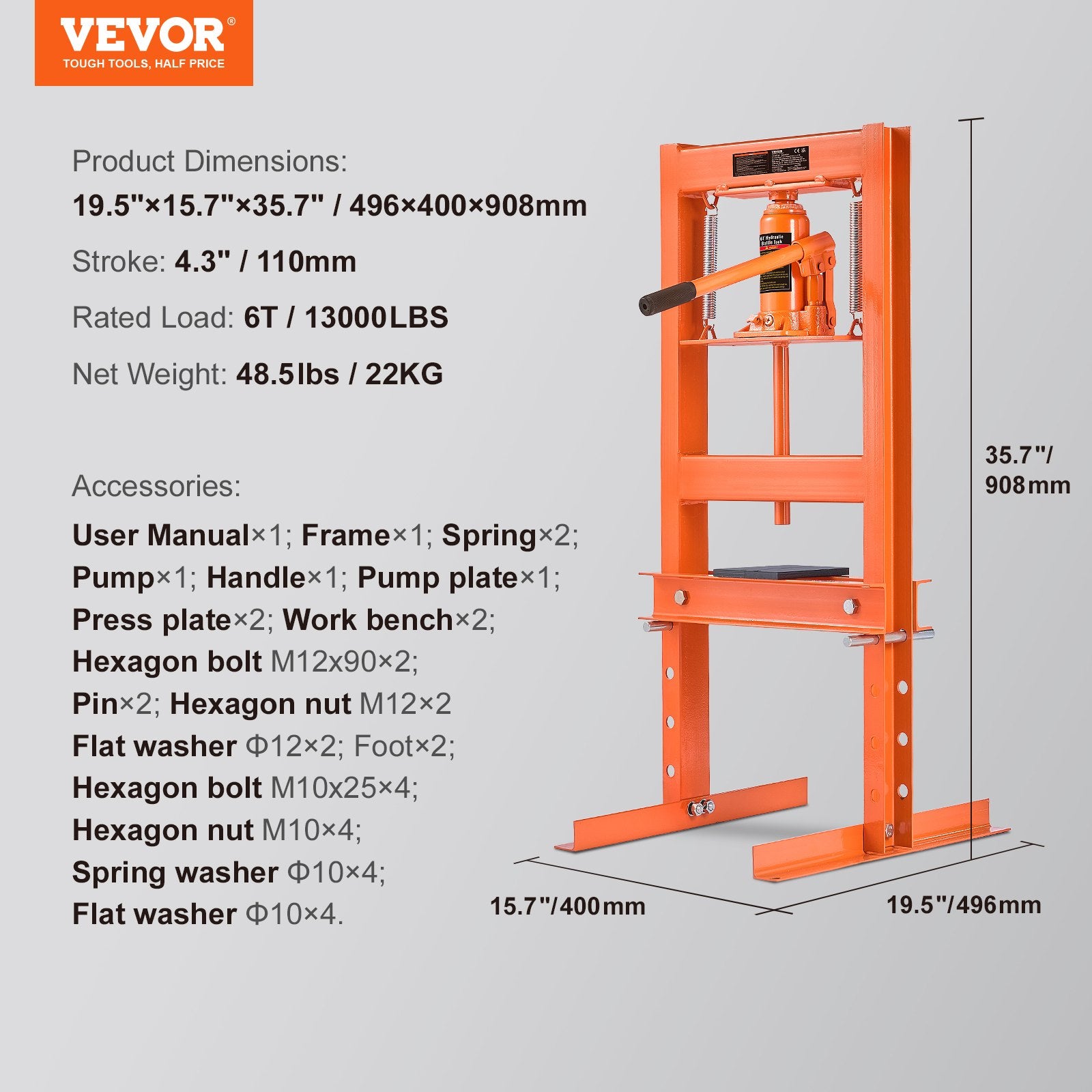 Hydraulic Shop Press, 6 Ton H-Frame Hydraulic Garage/Shop Floor Press, Adjustable Shop Press with Press Plates, Heavy Duty Hydraulic Press for Garage, Shop, Workshop