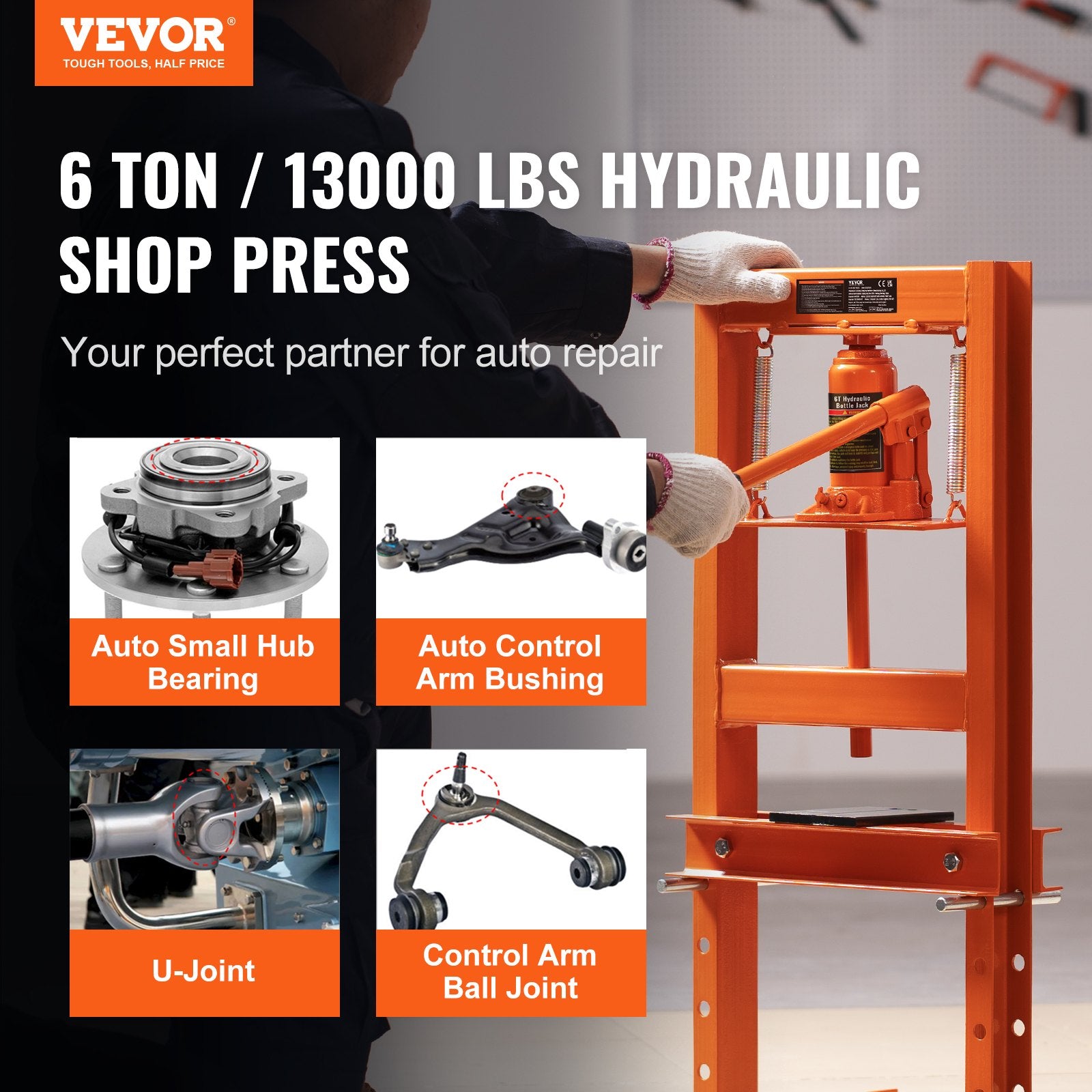 Hydraulic Shop Press, 6 Ton H-Frame Hydraulic Garage/Shop Floor Press, Adjustable Shop Press with Press Plates, Heavy Duty Hydraulic Press for Garage, Shop, Workshop