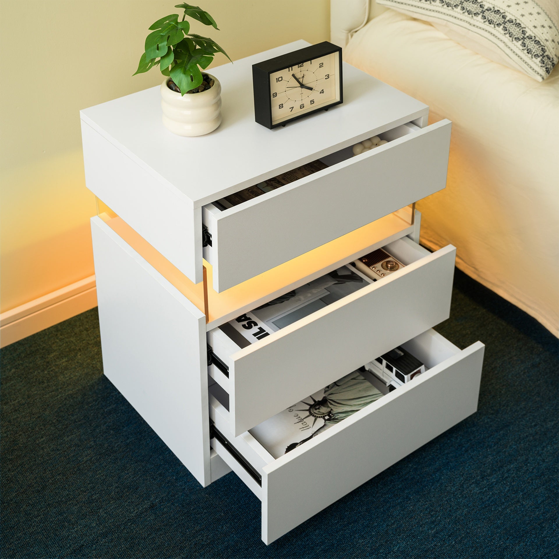 LED Nightstands 3 Drawer Dresser for Bedroom End Table with Acrylic Board LED Bedside Tables for Bedroom Living Room Bedside Furniture (White)